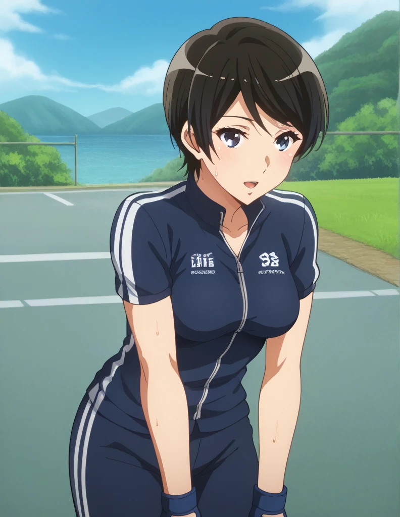 score_9, score_8_ up, score_7_ up, score_6_ up, score_5_ up,  source_Anime, rating_safe, medium breasts,  1 girl, Alone,  Audience , suzuki mirei ,  short hair,  hair between eyebrows,  blue eyes, Cycle Racing, Cycle Racing選手権で優勝した最強の女,  White and Navy Blue Cycling Uniform,  white and navy blue bicycle jersey ,  bike shorts, White and dark blue biker clothes , fingerless  gloves,  gloves, road, Short sleeve,, road, Mountain々,  ocean ,  blue sky, cloud,  bend your back,  open lips, sweat,  steam, ,  cowboy shot,A man likes the smell of her breath,love affair,keep company, are dating,She lets men touch their skin, Her smell smells good、She smells a little bad、Strongest Woman Who Is Strongest to Get Hit 、 Strongest Woman Who Isn't Frightened When Hit 、 Strongest Woman Who Isn't Frightened When Kicked 、Cycle Racingで優勝した最強の女、柔roadの段位九段の最強女、柔road大会で優勝した最強の女、 A little thick,柔road player、柔road、Inside the 柔road Gymnasium、On the tatami、discovery、whole body、rest、幼い頃柔road家に育てられた. 