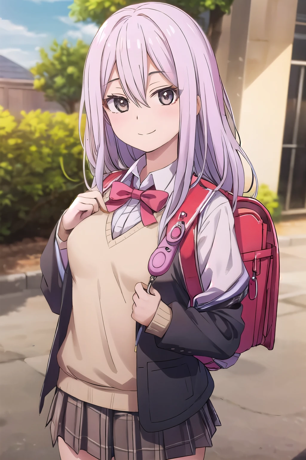 (masterpiece, best quality:1.0), highly detailed, detail, 1girl , high, long hair, brown hair, UNiform, red bowtie, collared shirt, sweater vest, blazer, black blazer, opened jacket, long sleeves, plaid skirt, brown skirt, outdoor, smile, standing, cowboy shot, wearing randoseru backpack, (randoseru backpack:1.1), crime prevention buzzer