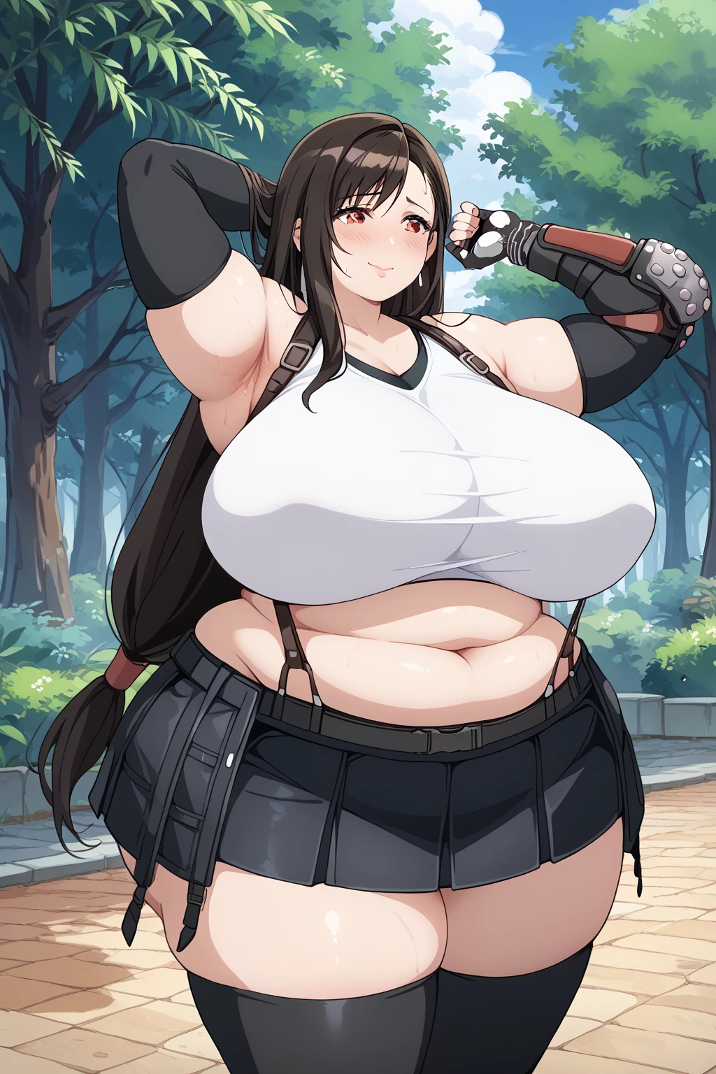 Tifa lockhart,  red eyes,  long hair、Black Hair、 earrings、Sports plastic、 black suspenders、 pleated mini skirt , black thighhighs,  arm guard 、Elbow gloves、 fingerless gloves,Obese middle-aged woman,Severe obesity, Fat face,ssbbw,weight 250kg, troubled expression,embarrassed,A woman with stinky body odor,A woman with smelly armpits ,Showing off armpits,Outdoors, in the woods, score_9,  score_8_ up、 score_7_ up、 score_6_ up、 score_5_ up、 score_4_ up、 Masterpiece、 top quality, A beautiful woman with an obese figure,  absurd、 source_ anime anime screencap,  one woman、Alone、 personal  、Super huge breasts,  super huge clevis、Super huge, Super huge boob,Curvy、 Wide Hips 、 Cowboy Shots