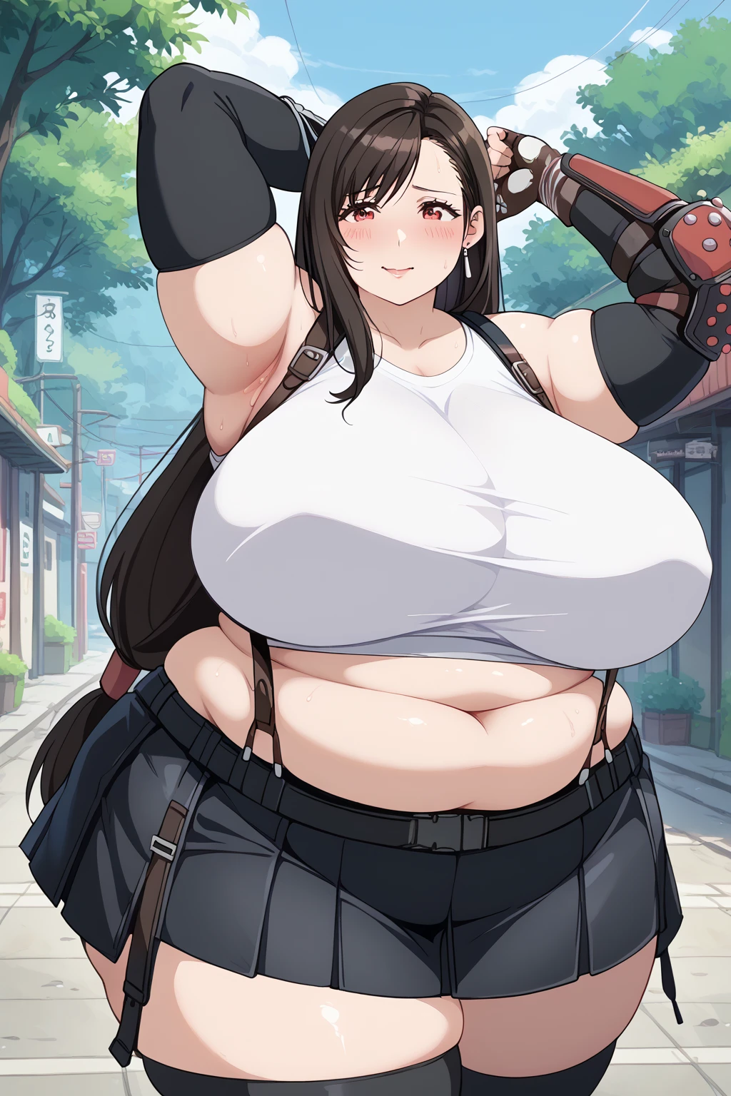 Tifa lockhart,  red eyes,  long hair、Black Hair、 earrings、Sports plastic、 black suspenders、 pleated mini skirt , black thighhighs,  arm guard 、Elbow gloves、 fingerless gloves,Obese middle-aged woman,Severe obesity, Fat face,ssbbw,weight 250kg, troubled expression,embarrassed,A woman with stinky body odor,A woman with smelly armpits ,Showing off armpits,Outdoors, in the woods, score_9,  score_8_ up、 score_7_ up、 score_6_ up、 score_5_ up、 score_4_ up、 Masterpiece、 top quality, A beautiful woman with an obese figure,  absurd、 source_ anime anime screencap,  one woman、Alone、 personal  、Super huge breasts,  super huge clevis、Super huge, Super huge boob,Curvy、 Wide Hips 、 Cowboy Shots