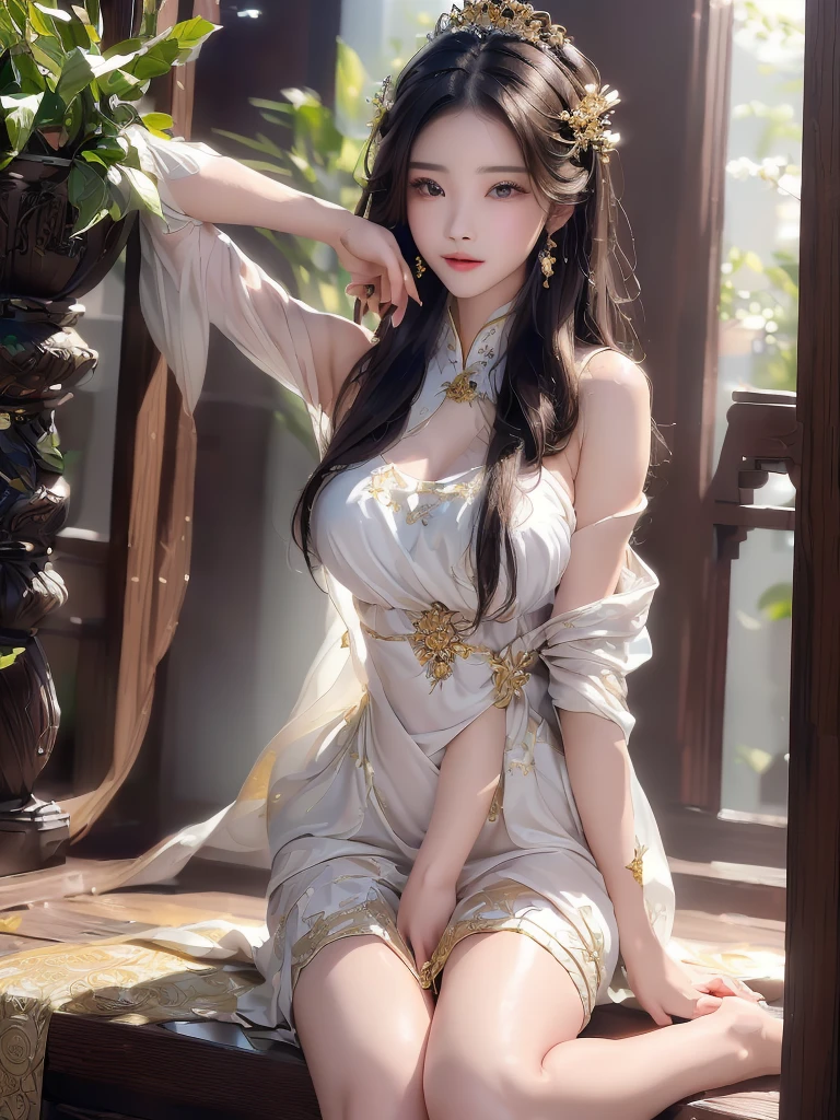 Best image quality、8K、masterpiece:1.3))、Realistic high-quality photos、Highest quality、 Beautiful face、Photos of slim models、Beautiful girl model、Young and pretty face、Beautiful model girl、A lovely and delicate face、Black Hair、Beautiful brown eyes、Young Body、Hanfu, (emphasize)、from the front、Camera gaze,、Anatomically correct、胸の谷間をemphasize、whole body、13-year-old female model、Exposed thighs