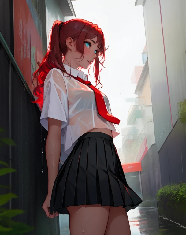 , Girl in a black pleated skirt ,The clothes are out of place , green eyes,red face, The clothes are wet and transparent),schools ,vapor,low angles