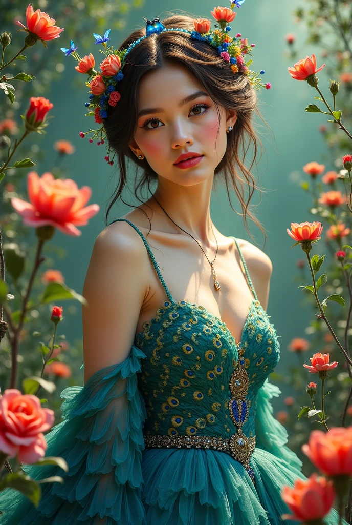 4K ultra high definition, masterpiece, a girl, good face, meticulous eyes, meticulous lips, flower fairy girl, big wings, transparent wings, neon lights, (galaxy background: 1.5), (flower dress: 1.8), (white dress: 1.5), in heaven,