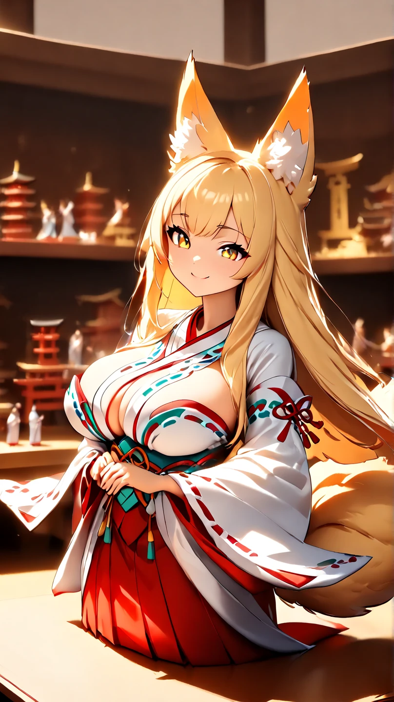 (  Masterpiece ,   top quality:1.2), ((( 1 anime girl))) , (((Alone))),   expressive eyes , Fox&#39;s Tail, ((( blonde long hair ))). ((( straight hair))), milf, mature woman, (smile), ((( golden eyes))), (((Standard shrine maiden costume))), ((( fox ears))), Big Breasts, 嬉しそうなsmile, face shot, (手を振ってsmileで話す),  looking at camera, goofy look, (((Torii of the small shrine ))),  Volume Light ,  subsurface scattering,  Cinematic Light ,  chiaroscuro,  jyojifuku, miko,red hakama, HUGE STUDY ROOM , ((( A miniature of a shrine on a huge desk))), (((A very small hand-riding goddess on a huge desk))), Bird&#39;s-eye view, (((Tiny 5 cm tall woman )))