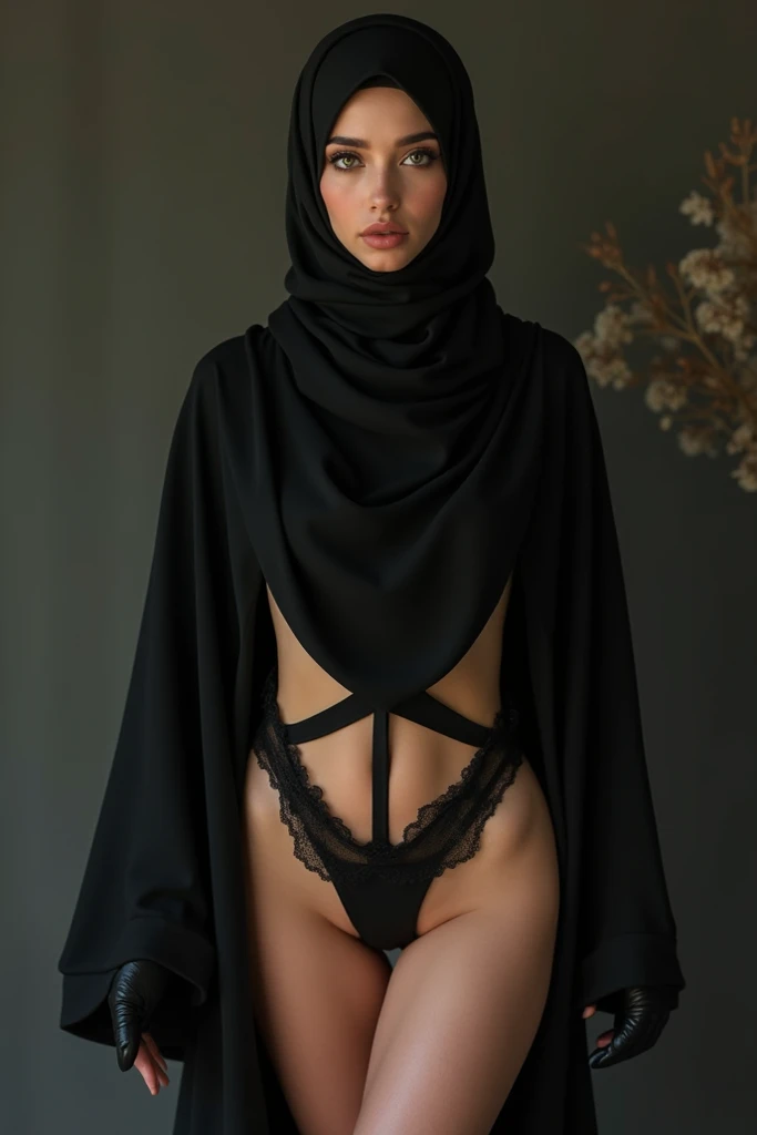(HIJAB little girl), Skinny pink satin hijab girl naked (SHINY DARK SKIN), SADNESS ,a round buttock, (lace thong & G-String).