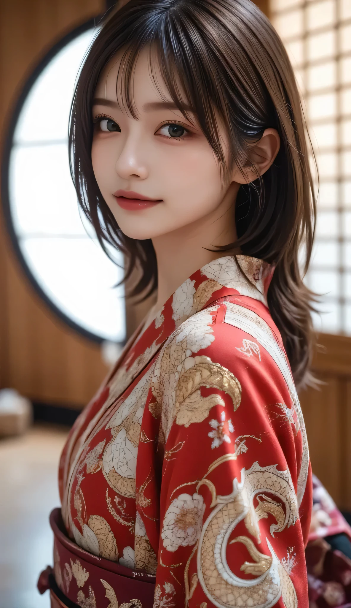 Wearing a Madder Red color kimono, Cowboy Shot, Very detailed, 21 years old, Innocent face, Naturally Wavy Hair, High resolution, masterpiece, 最high quality, Intricate details, Very detailed, Clear focus, Delicate skin, practical skin texture, texture, Delicate eyes, Professional, 4K, Cute Smile, Shot with Canon, 85mm, Shallow and deep, Kodak Vision Color, that&#39;s right, Very detailedな, photograph_\(Extremist\), photographpractical, practical, Post-processing, Maximum details, Roughness, Real Life, Extremist practical, Photorealism, photographgraphy, 8kウルトラHD, photographgraphy, (最high quality、Tabletop、8k、Best image quality、Award-winning works)、No sleeve, (Red eyeshadow:1.2)、Perfect Makeup、Long eyelashes、超高精細のShine目、Ultra HD Hair、ultra High resolution glossy lips、Super High resolution perfect teeth、Super High resolution cute face、Black Hair、(Very short straight hair:1.1)、Look at me and smile、[clavicle]、Accurate anatomy、With bangs、超High resolutionのShine肌、The most detailed face、Ultra High resolution detailed faces、ultra High resolution hair、Fashion Model, Age 25, [[[[chest]]]], [[[[head]]], [shoulder]]]]], Perfect Eyes, Perfect Iris, Perfect Lips, Perfect Teeth, Perfect Skin, Soft Front Light, Shine, High resolution, (Soft colors: 1.2), 最high quality, a photographrealistic portrait of a stunningly beautiful woman without make-up, Very detailedな light hazel eyes, Symmetric, Realistically detailed face, Very detailedな natural texture, Peach fuzz, Messy Hair, masterpiece, Absurd, award winning photograph by lee jeffries, nikon d850 film stock photographgraph, Kodak Portra 400 Camera F1.6 Lenses, Very detailedな, wonderful, Finer details, Rich colors, hyper realistic lifelike texture, Dramatic lighting, Unreal Engine, Talked about at the art station, Cinestill 800 Tungsten, Looking at the audience, photograph realistic, RAW photograph, Tanveer Tamim, high quality, High resolution, Sharp focus, Very detailedな, Cinema Lighting, 8k uhd, Kneel, 