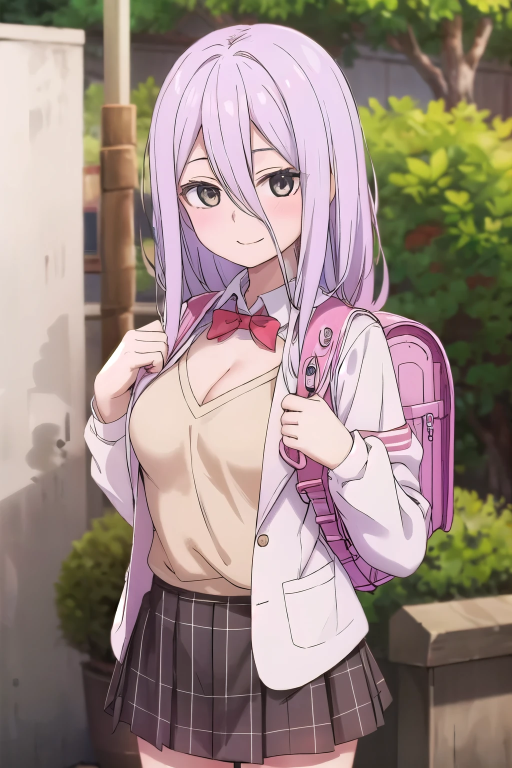 (masterpiece, best quality:1.0), highly detailed, detail, 1girl , , long hair, brown hair, uniform, red bowtie, collared shirt, sweater vest, blazer, black blazer, opened jacket, long sleeves, plaid skirt, brown skirt, outdoor, smile, standing, cowboy shot, wearing randoseru backpack, (randoseru backpack:1.1), crime prevention buzzer、 cleavage in years