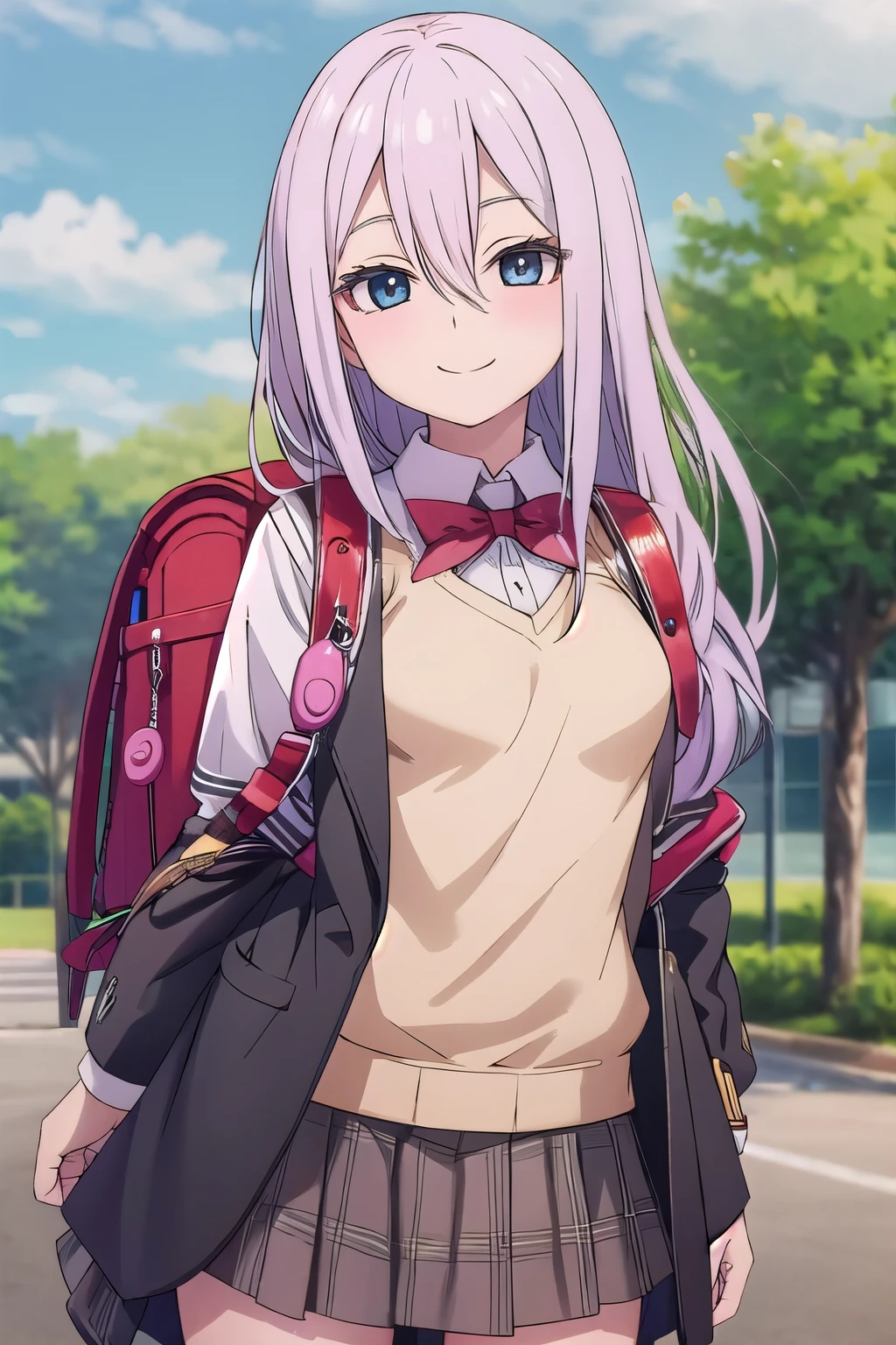 (masterpiece, best quality:1.0), highly detailed, detail, 1girl , highschool student, long hair, brown hair, uniform, red bowtie, collared shirt, sweater vest, blazer, black blazer, opened jacket, long sleeves, plaid skirt, brown skirt, outdoor, smile, standing, cowboy shot, wearing randoseru backpack, (randoseru backpack:1.1), crime prevention buzzer、 cleavage in years