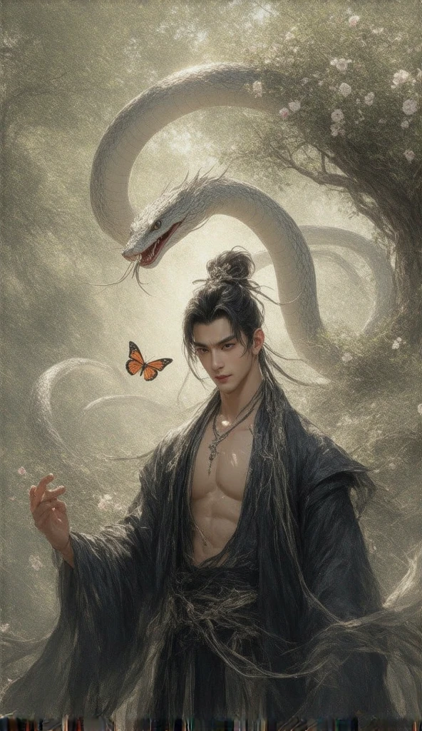 A handsome Asian man with strikingly sharp facial features, large expressive eyes, and a toned, model-like physique. shirtless, revealing defined and sculpted abs that exude strength and elegance. His skin is luminous, with a radiant glow reminiscent of a deity, giving him an ethereal aura.

He is wearing black traditional Chinese attire, with an open-front outer robe that reveals a muscular upper body, The robes are detailed with subtle silver embroidery, adding an air of mystique and sophistication.

The scene is set in a lush garden filled with blooming flowers and vibrant greenery, with a shallow depth of field that creates a dreamy bokeh effect in the background. A majestic big white snake with smooth, shimmering scales coils gracefully around him, symbolizing mystery and power. Orange and white butterflies flutter gently, adding movement and emphasizing the multi-layered depth of the composition.

Soft sunlight filters through the trees, casting a warm glow on his skin and the surrounding blossoms. The overall atmosphere is a blend of sensuality, mystery, and divine presence, captivating the viewer with its enchanting and layered depth