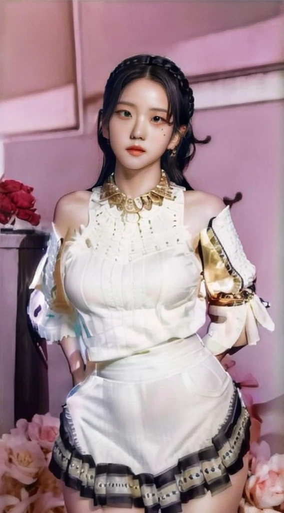 An Idol k-pop girl, cute girl, sexy girl, white braid hair, intricate face details, detailed face, golden ratio face, big breast, big butt, big hip, big thighs, full body, 64K, UHD, HDR, high quality, high detailed, hyper detailed, extremely detailed, photo realistic, ultra realistic, art photo, clarify the details, detailed parts body, intricate artwork masterpiece, trending on artstation