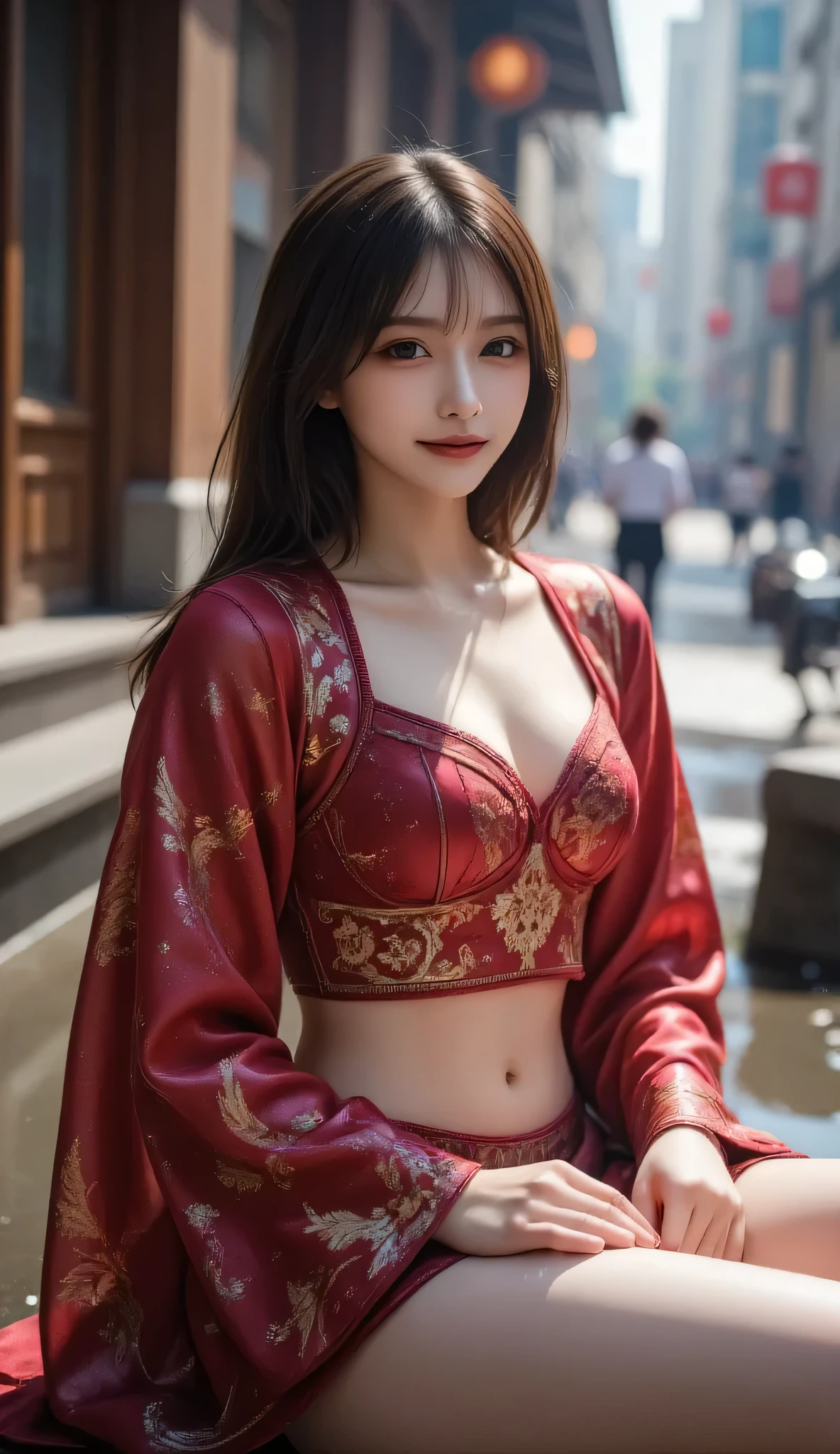 A sexy girl,Ancient Chinese low-cut clothing,Superskirt,Bright eyes,long whitr hair,perfect bodies,Lantern street background blurred,portrait