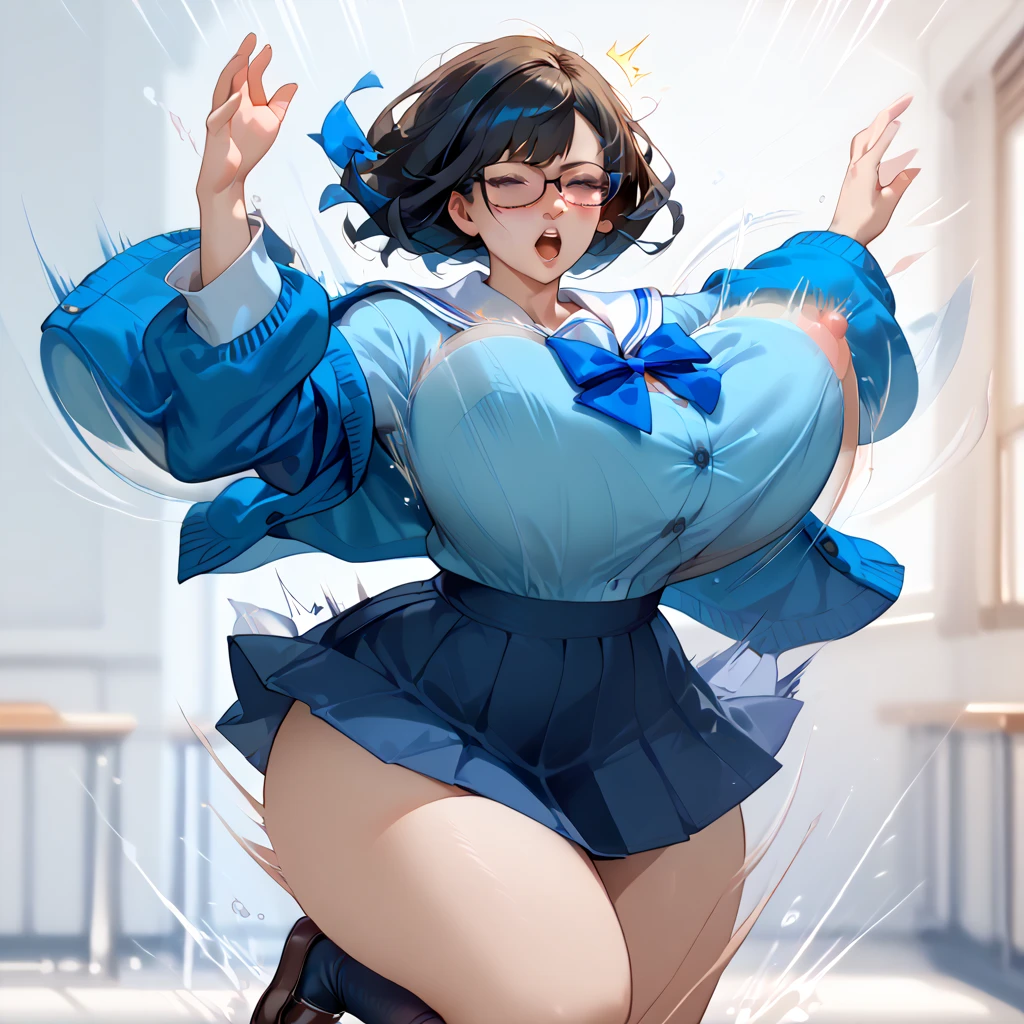 score_9, score_8_up, score_7_up, (best quality), (masterpiece), 1 girl, huge heavy breasts, thick, wide hips, thin waist, bouncing breasts, motion blur, motion lines, blue ribbon, school uniform, white sailor collar, blue cardigan, open cardigan, kneehighs, socks, glasses, jumping, blush