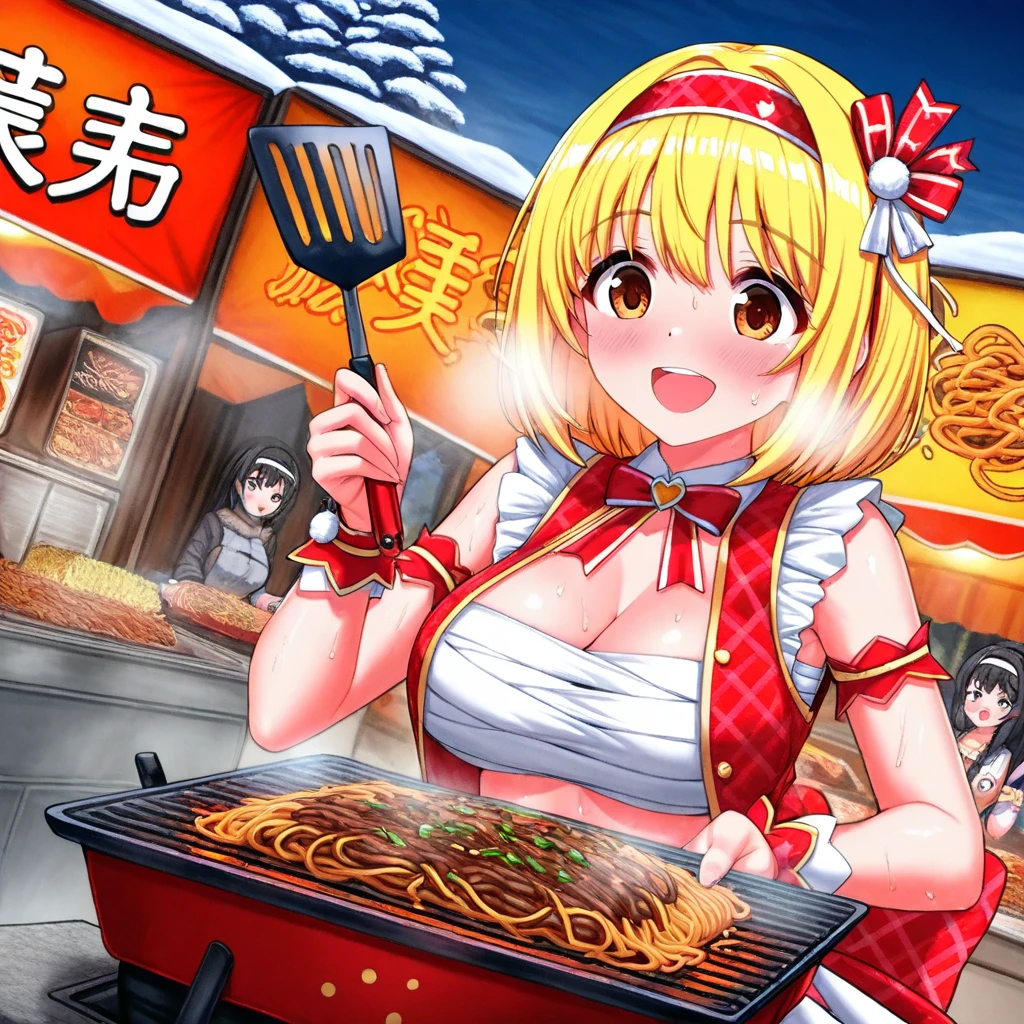  Woman grilling yakisoba on an iron plate at a food stand, Stir, loosen the noodles, Headband, , Spatula, Yakisoba sign , winter, Festivals, idol outfit, (yuki mio), big smile, sweat, breast,  sarashi, Shining Sweat, blush, open mouth, heart,