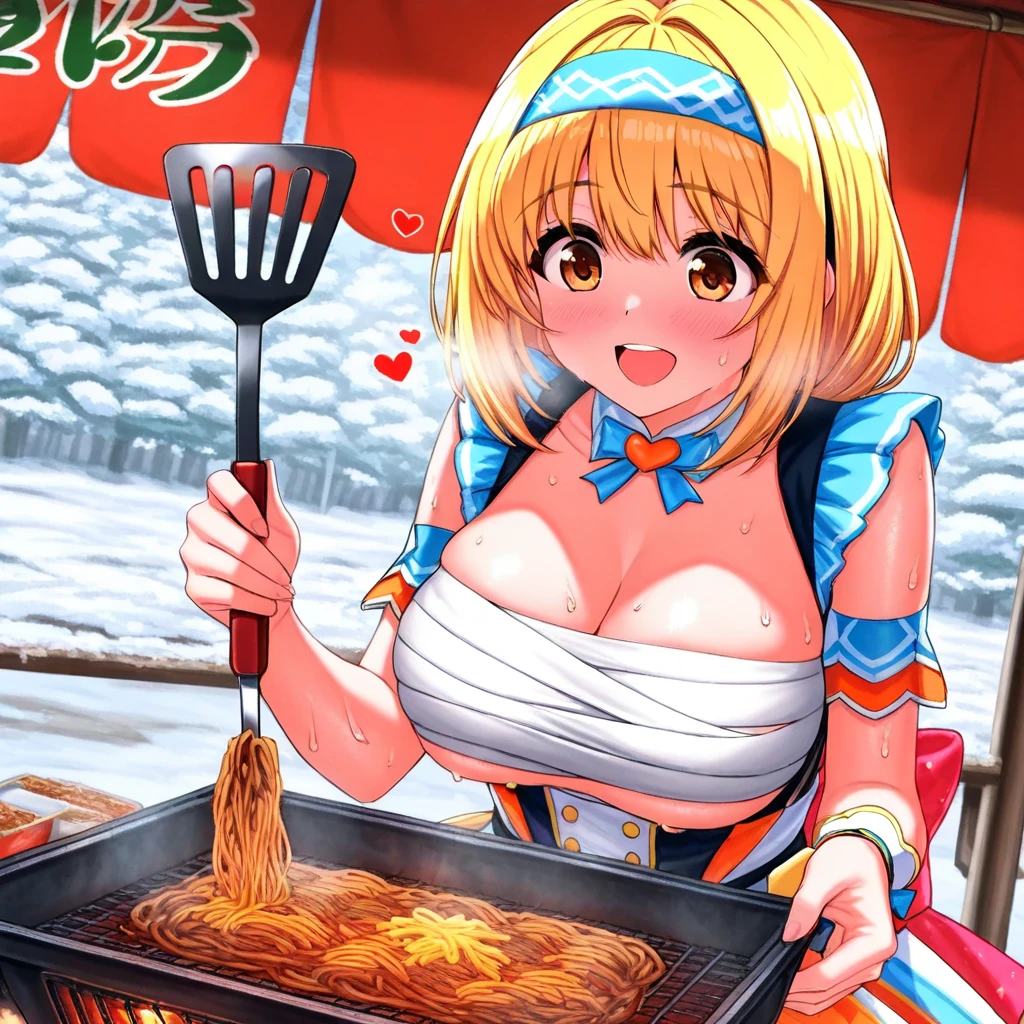  Woman grilling yakisoba on an iron plate at a food stand, Stir, loosen the noodles, Headband, , Spatula, Yakisoba sign , winter, Festivals, idol outfit, (yuki mio), big smile, sweat, breast,  sarashi, Shining Sweat, blush, open mouth, heart,