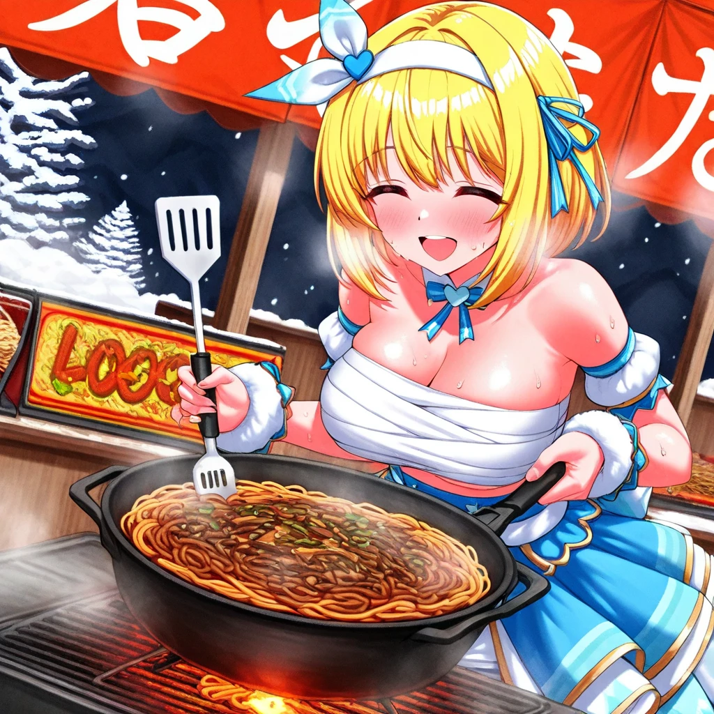  Woman grilling yakisoba on an iron plate at a food stand, Stir, loosen the noodles, Headband, , Spatula, Yakisoba sign , winter, Festivals, idol outfit, (yuki mio), big smile, sweat, breast,  sarashi, Shining Sweat, blush, open mouth, heart,