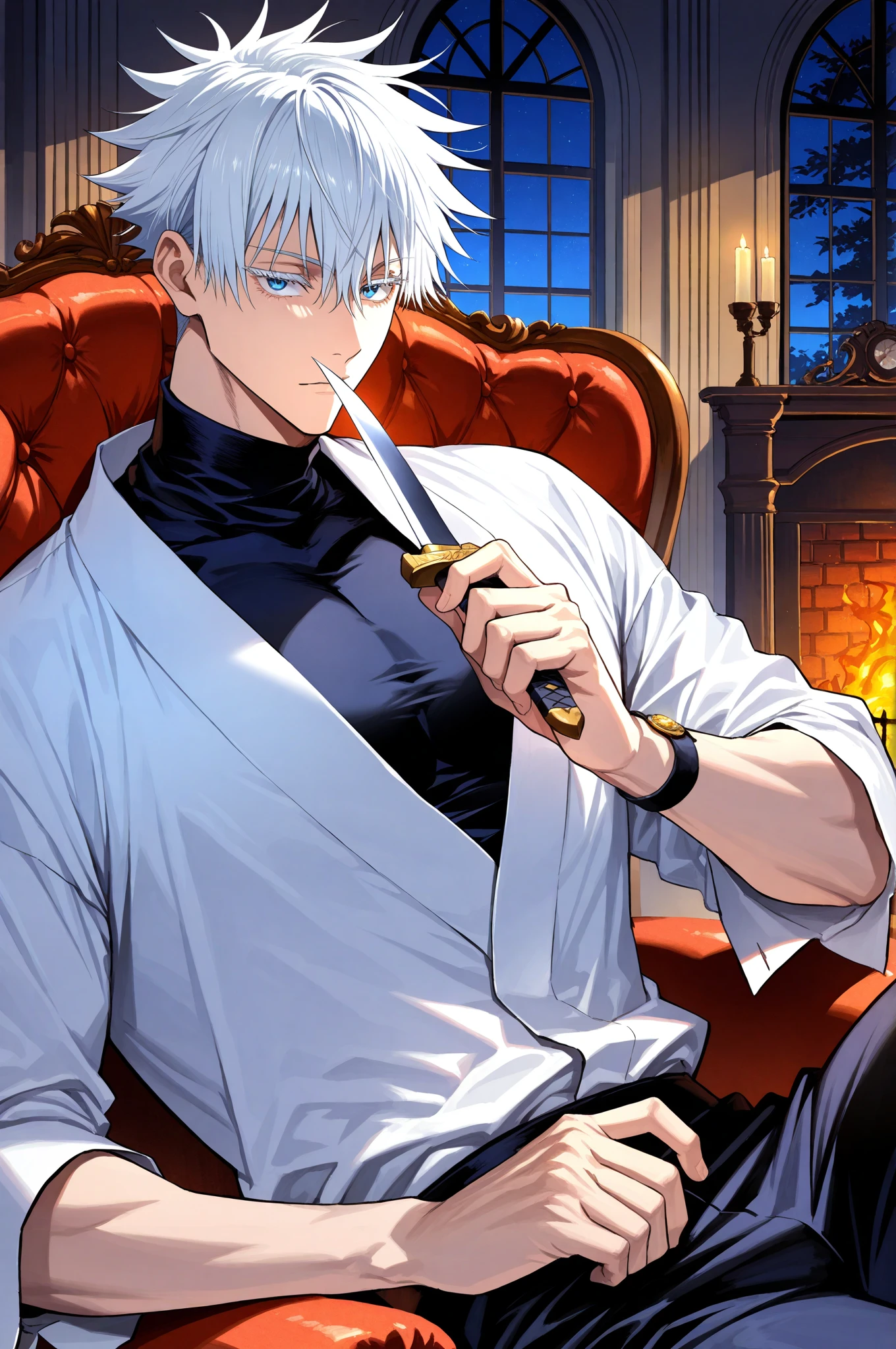 (masterpiece, best quality), (absurdres, highres, 8k), (detailed beautiful face and eyes), (detailed illustration), (super fine illustration), 1boy, vampire hunter, Gojo Satoru, Jujutsu Kaisen, blue eyes, white eyelashes, white hair, short hair, hair between eyes, black elegant fantasy clothes, turtleneck white shirt, fantasy style, high fashion, handsome, attractive, sexy man, sensual, solo, upper_body, sitting, armchair, holding a small blade, cut on wrist, night, fireplace, manor, professional lighting