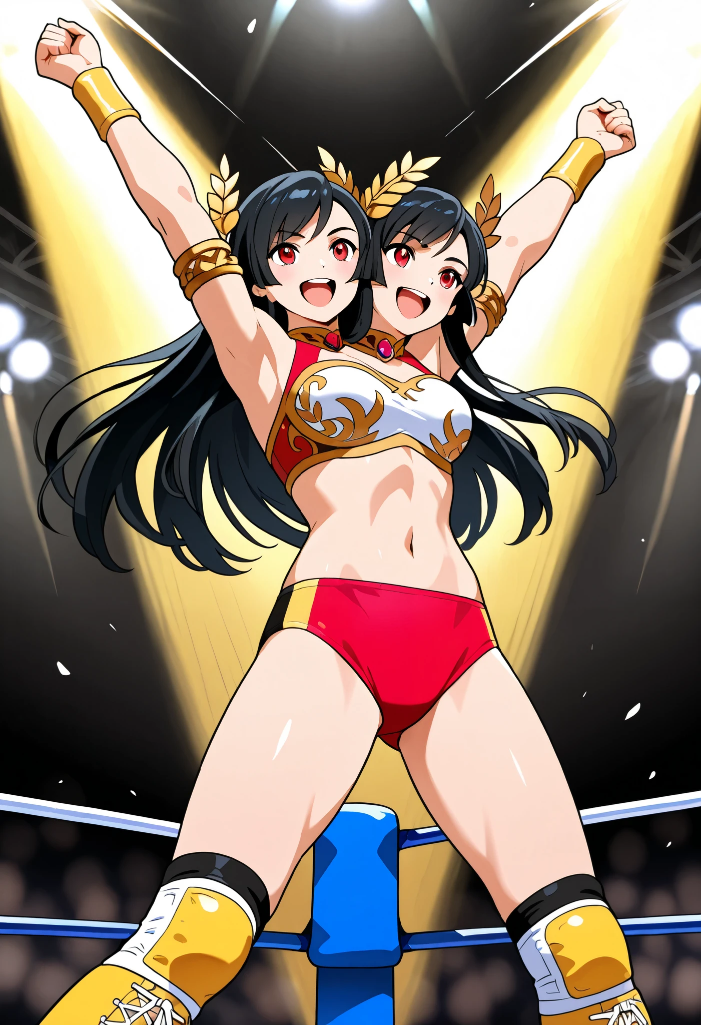 (masterpiece, best quality), best resolution, (2heads:1.5), 1girl, female wrestler, black hair, upswept hair, red eyes, open mouth, victorious, energetic, happy, arms raised in triumph, pro wrestling attire, victory pose, wrestling ring