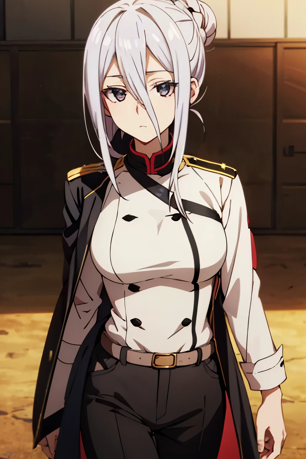 Anime, beautiful woman, masterpiece, pale skin, black hair, hair in a bun, military uniform, military-style, grey eyes, woman, athletic female, black uniform, mature female, medium chest, mature, white hair highlights