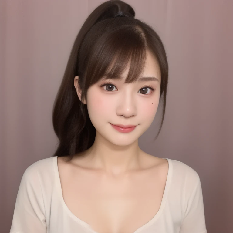 (kawaii 18 year-old Japanese girl), (glossy brown hair, high ponytail, bangs, black eyes:1.3), (soft smiling), (wearing crew necked t-shirt:1.3), well shaped extra small breasts, plain white background, id photo, bust shot, (masterpiece, best quality, photo realistic:1.4), (professional lighting, physically-based rendering, glossy skin, extremely detailed eyes and skin textures, golden ratio, depth of field), 1girl, solo,