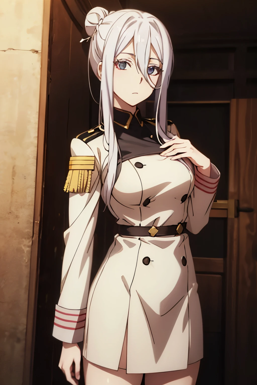 Anime, beautiful woman, masterpiece, pale skin, black hair, hair in a bun, military uniform, military-style, grey eyes, woman, athletic female, black uniform, mature female, medium chest, mature, white hair highlights
