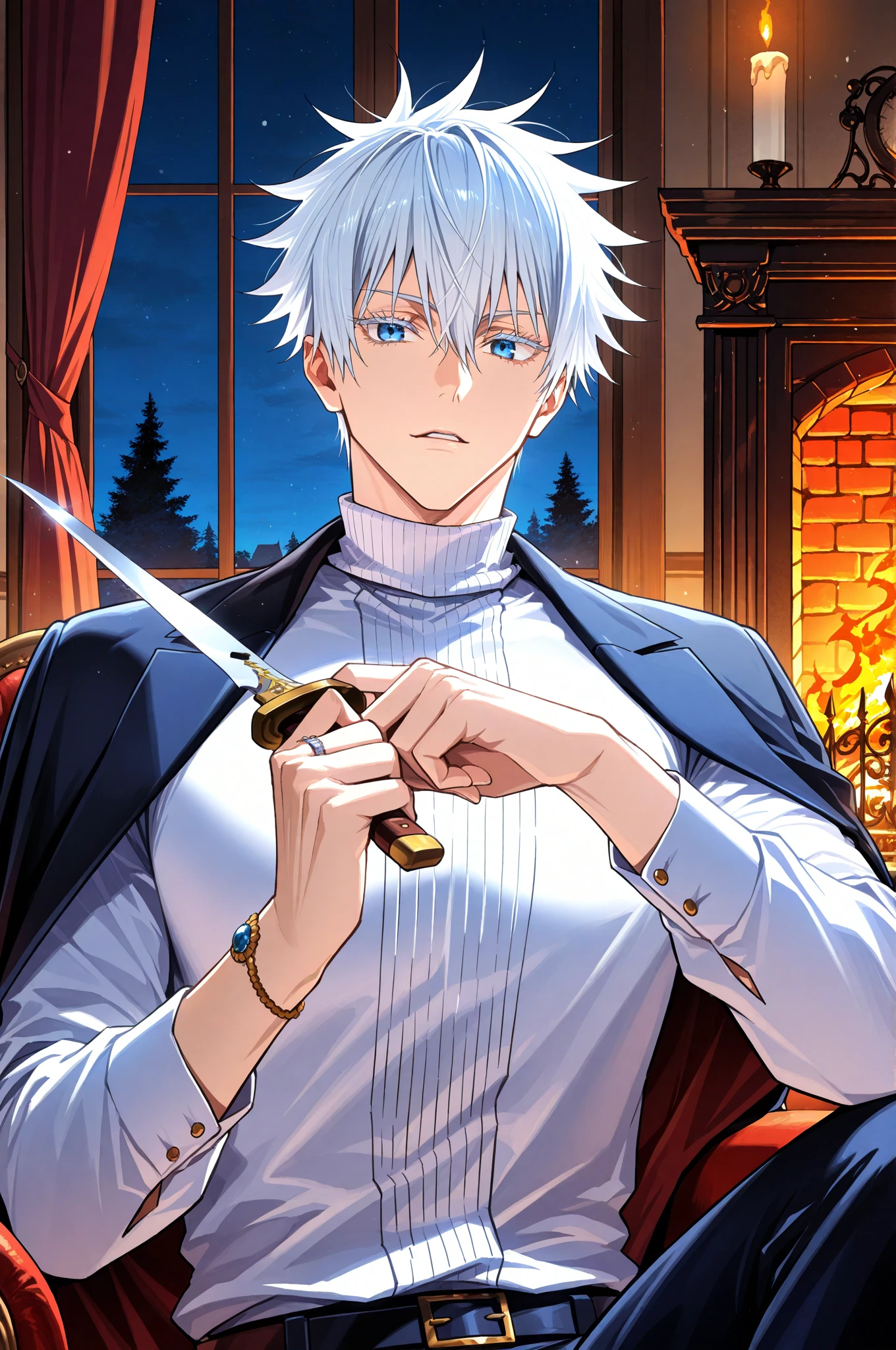 (masterpiece, best quality), (absurdres, highres, 8k), (detailed beautiful face and eyes), (detailed illustration), (super fine illustration), 1boy, vampire hunter, Gojo Satoru, Jujutsu Kaisen, blue eyes, white eyelashes, white hair, short hair, hair between eyes, black elegant fantasy clothes, turtleneck white shirt, fantasy style, high fashion, handsome, attractive, sexy man, sensual, solo, upper_body, sitting, armchair, holding a small blade, cut on wrist, night, fireplace, manor, professional lighting