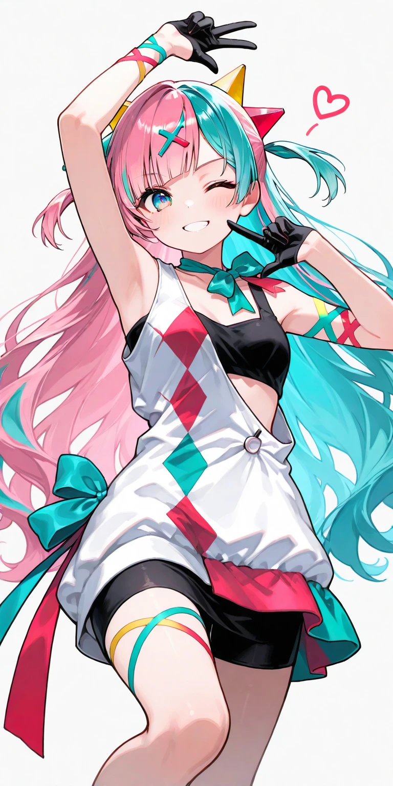 1girl\((Pinky Pop Hepburn\(vtuber\)), dynamic pose,smile,cute,wink,cute hand sign, white short asymmetry dress, (black finger cover),blue big ribbon tie,black (sport-bra:0.5)\),minimalist,vivid color, pop art,masterpiece, best quality