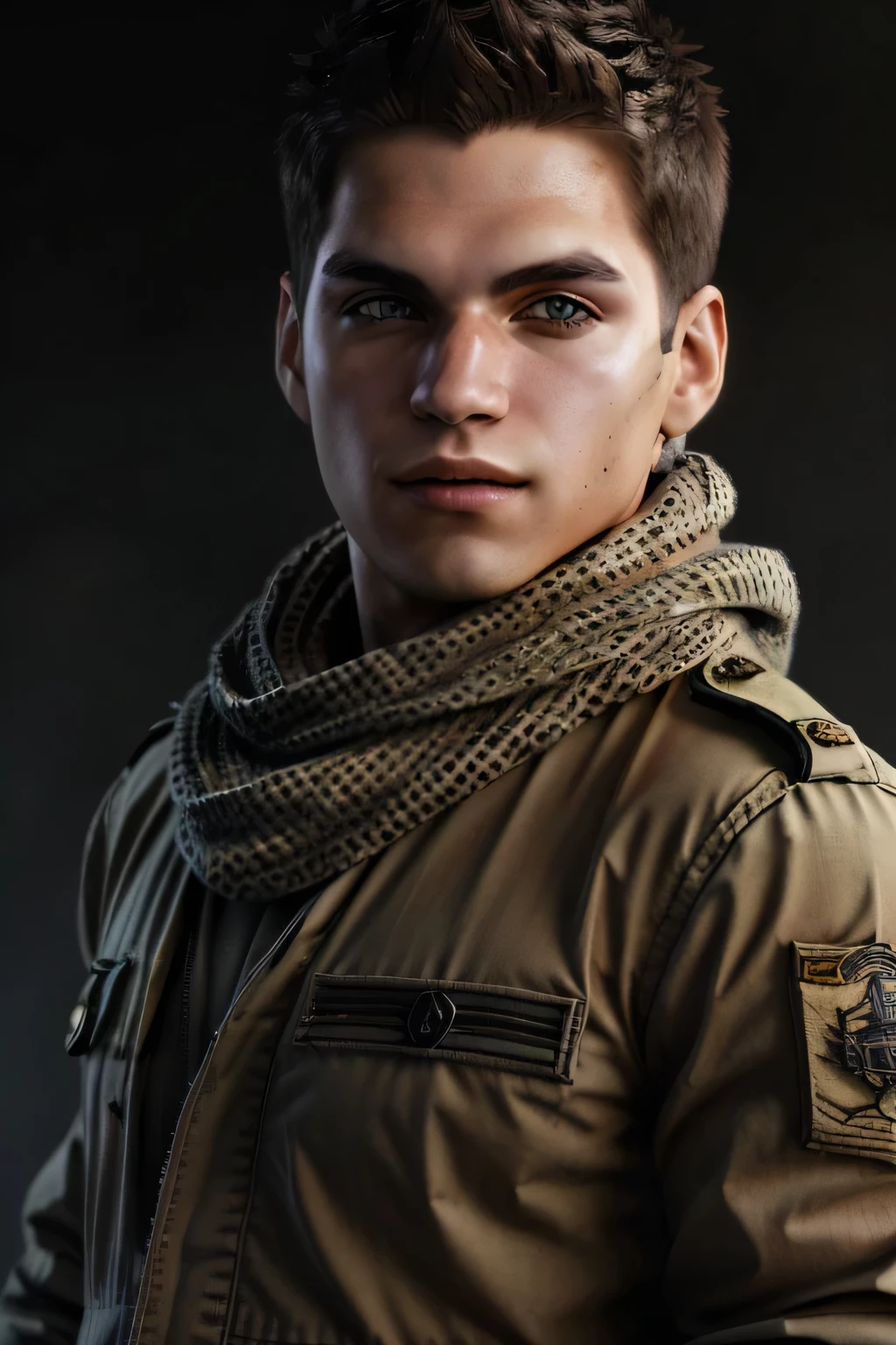 Piers, beautiful eyes, epic character composition, ultra high res, half-body shot, fringe jacket, top lighting, minor upward angle, lips parted, tan military uniform, shemagh scarf around neck, realistic
