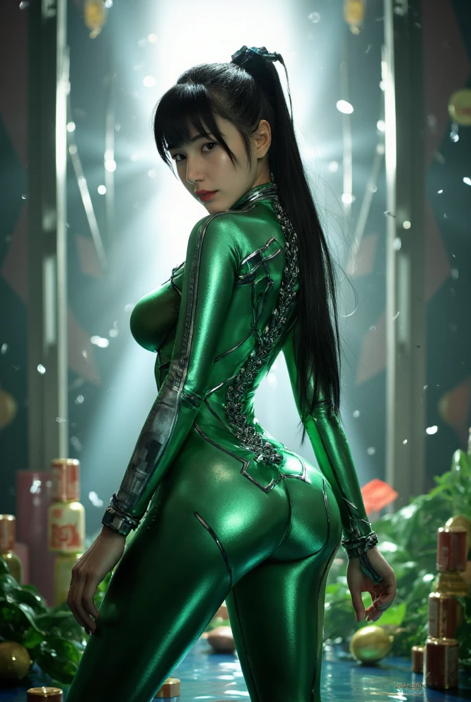 Eve from stellar blade in a sleek green nano suit, looking over shoulder towards camera,highly detailed, intricate futuristic design, dynamic pose, sci-fi environment, cinematic lighting, vibrant colors, photorealistic, 8k, hyper detailed, masterpiece