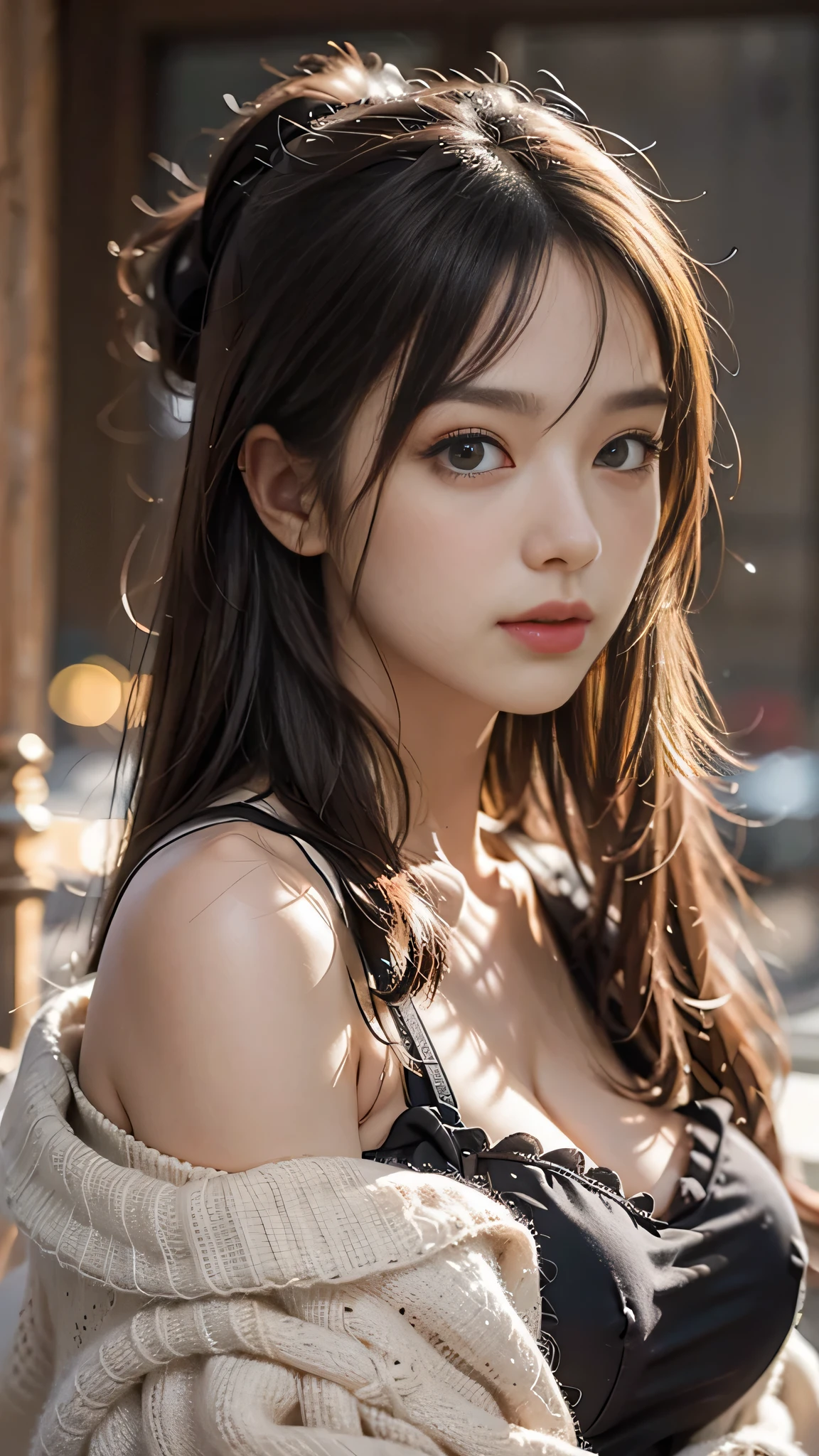 ((Best Quality)), ((Masterpiece)), (Detail: 1.4), 3D, Beautiful Cyberpunk Female Image, HDR (High Dynamic Range), Ray Tracing, NVIDIA RTX, Super Resolution, Unreal 5, Subsurface Scattering, PBR Texture, Post-Processing, Anisotropic Filtering, Depth of Field, Maximum Sharpness and Sharpness, Multi-layer Texture, Albedo and Highlight Mapping, Surface Coloring, Mitsu-Accurate Simulation of Material Interactions, Perfect Proportions, Octane Rendering, Two-color Light, Large Aperture, Low ISO, white balance, regular three-point, 8K RAW, beautiful bright pupils, off-the-shoulder clothes, fine pupils, delicate face and eyes, long eyelashes, blush, delicate and fluffy hair, pink lips, pure, cute, sweet girl, artistic sense, casual wear, high-end sense