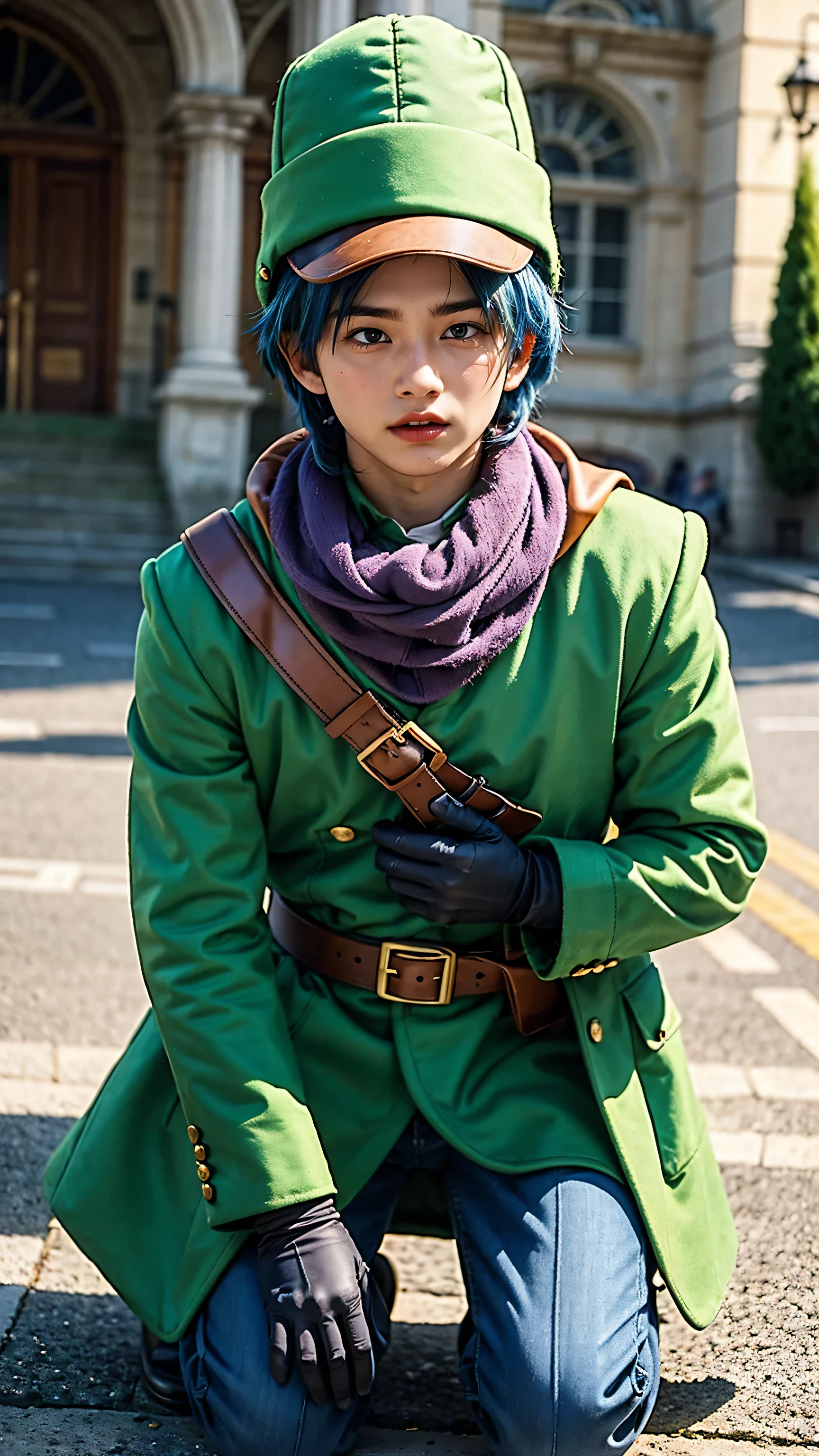 city.(masterpiece, best quality:1.2), 1boy, I'm wearing n orange scarf around my neck {x} solo A young man with blue hair and a concerned face。 I'm wearing a long green coat 、 I'm wearing n orange scarf around my neck。 young man wearing a long green hat 、 glove 。 tightening his belt over his coat 、 I'm wearing 、 Priest 、 Genuine、 realistic、 Dragon Quest 4 Clift 、Elongated Hat 、 long hair、 character supporting fallen person, kneeling,
