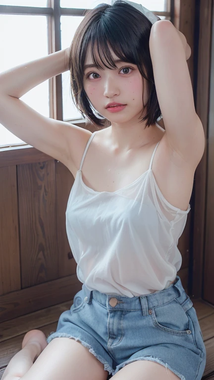 ((Highly detailed CG unit 8K wallpaper, masterpiece, High resolution, Highest quality)), (((Beautiful woman with dark hair, Model-like posture, Street fashion, Wearing a white camisole:1.2, Wearing denim micro mini shorts:1.2)), ((Highly detailed face, Highly detailed black eyes, Highly detailed body, Highest qualityのリアルテクスチャスキン)), (Short Bob Cut Hair, White skin:1.2, Exposed abdomen), (Brightly painted walls), (High Angle, Fisheye Lens:1.3), Surreal, Digital Painting,((In the toilet))