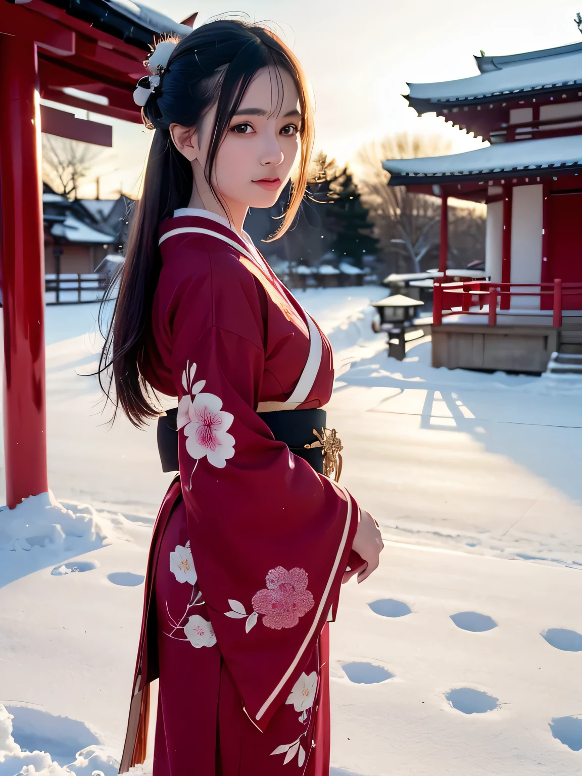 Close-up avatar shooting,Kneeling in the snow,Avatar photo,Snow map style,((heavy snowy)),1 female,28 year old,(Numerical portrait:Honami Suzuki,Yui Natsukawa),Perfect and pure face,(Leptoskeleton face,s delicate face),hyperdetailed face,(Delicate Japanese makeup), Black colored eyes,(Look into the distance),Black hair,(Classic hairstyle:High-top bag)),Red lips open,Fair smooth neck,(Best Skin Type:1.21),(Classic white kimono,(Red inner collar+Red waist seal)),masterpiece1.3,((Hasselblad photograp)),8K, physically-based renderingt,profesional lighting,Surreal photography,exquisite detailing,The picture is pure,perfect hand,Perfect kneeling position,Ultra-fine clothing material