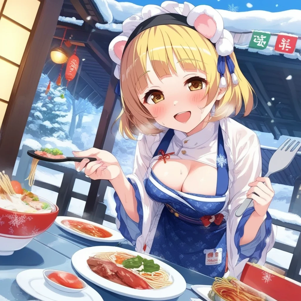  Woman grilling yakisoba on an iron plate at a food stand, Stir, loosen the noodles, Headband, , Spatula, Yakisoba sign , winter, Festivals, idol outfit, (yuki mio), big smile, sweat, breast,  sarashi, Shining Sweat, blush, open mouth, heart,