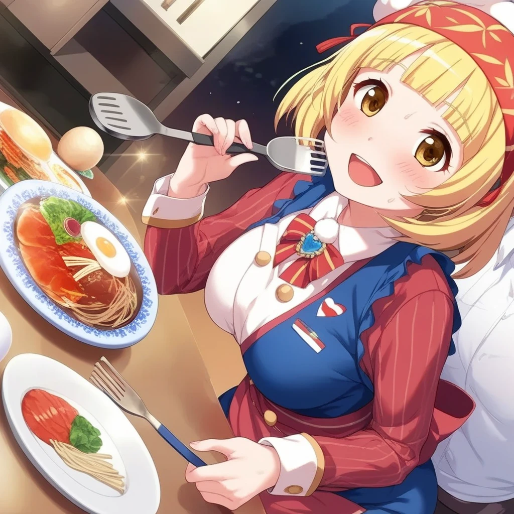  Woman grilling yakisoba on an iron plate at a food stand, Stir, loosen the noodles, Headband, , Spatula, Yakisoba sign , winter, Festivals, idol outfit, (yuki mio), big smile, sweat, breast,  sarashi, Shining Sweat, blush, open mouth, heart,