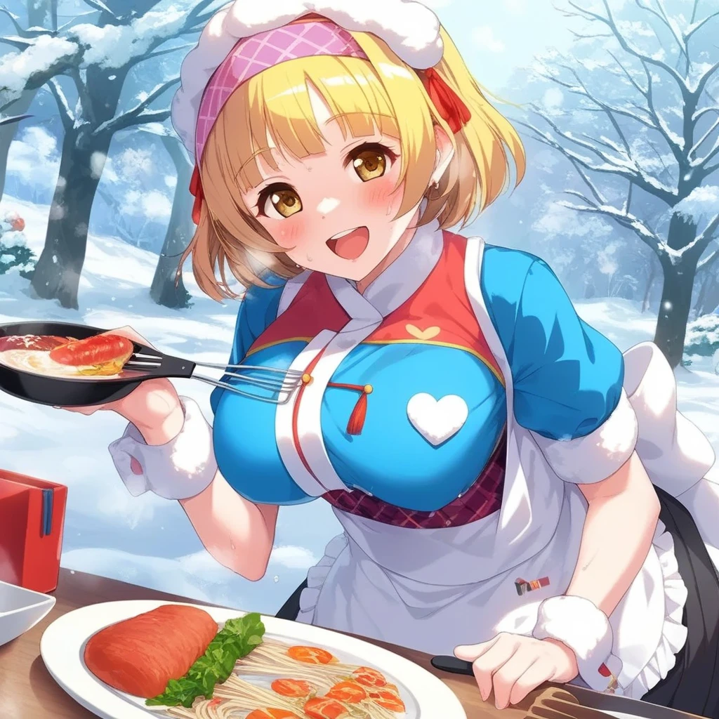  Woman grilling yakisoba on an iron plate at a food stand, Stir, loosen the noodles, Headband, , Spatula, Yakisoba sign , winter, Festivals, idol outfit, (yuki mio), big smile, sweat, breast,  sarashi, Shining Sweat, blush, open mouth, heart,