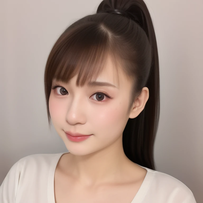 (kawaii 18 year-old Japanese girl), (glossy brown hair, high ponytail, bangs, black eyes:1.3), (soft smiling), (wearing crew necked t-shirt:1.3), well shaped extra small breasts, plain white background, id photo, bust shot, (masterpiece, best quality, photo realistic:1.4), (professional lighting, physically-based rendering, glossy skin, extremely detailed eyes and skin textures, golden ratio, depth of field), 1girl, solo,