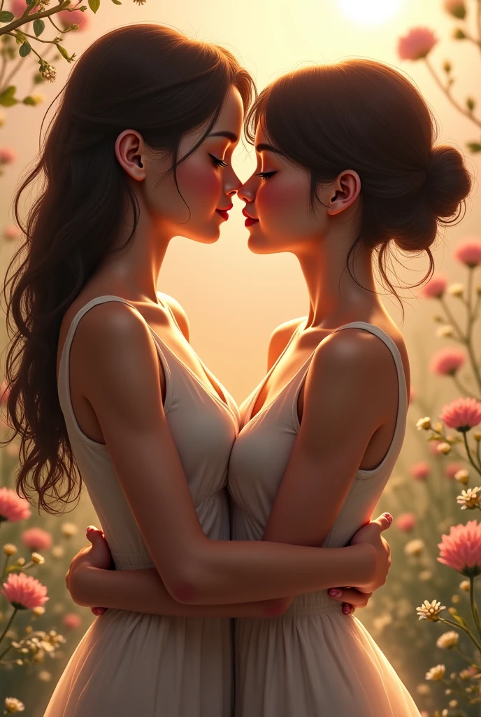 (masterpiece,Highest quality:1.4),(8k,RAW Photos,Photorealistic:1.2),Ultra-high resolution, ,(Glowing Skin:1.4),Detailed skin,Detailed face,Detailed eyes,(Beautiful and shining eyes:1.2),Symmetrical eyes,Detailed ears,Two people,Natural Makeup,(((Cute Japanese idols in real life))),((Beautiful Japanese)),(Golden ratio face),Detailed Background,Beautiful and shiny hair,18-year-old,smile,(((Two girls in love))),((Average age breasts)),((lesbian)),Taken above the waist,(Details of the latest sexy lingerie in 2024),((To kiss)),((Sharp Face)),Natural light,,(Very detailed ,Trend design for 2024,online shopping,LUMINE® Market,),((Saika Kawakita)),saika1,,black_hair,long_hair,,(Detailed flower field,Location was great.),