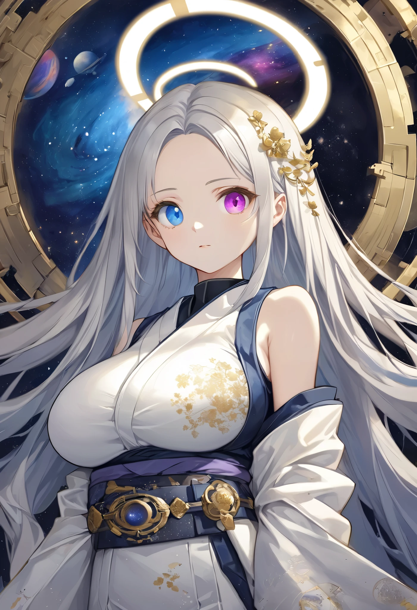 fresh illustration ,
Superfine painting,
top quality,
very delicate illustration ,
Very fine details ,
beautiful attractive anime style ,
Fascinating anime style ,
more details,
beautiful and sophisticated illustration of one girl ,
full body view,
Height: 158cm,
Fair skin,
right eye blue left eye purple perfect heterochromia ,
large black pupils ,
beautiful eyes,
Shiny super long hair ,
The roots of the hair are blue and the others are gray ,
hair has gradations
The forehead is sticking out,
pretty and cute face ,
Cheeks are ruddy,
A small, shiny halo is floating on the back of the head,
Lowering the eyebrows,
since age 27,
The upper half of the body is in a traditional Japanese kimono,
Overall white clothes ,
lower body Nadres ,
The color of the belt is black ,
The design is tastefully embroidered with gold thread,
fine fabric clothing ,
Shoulder-width narrower shoulders,
mega breasts,
Isometric,
Golden Ratio,
god々 like atmosphere,
The undershirt is indigo-colored with a stand-up collar,
outer space ,
There are multiple galaxies ,
Little Star々 upper body ,
tactical use of shadows ,
The hair and the halo on the head do not extend beyond the frame,
Clothes don't stick out of the angle of view ,
Bust Shots,