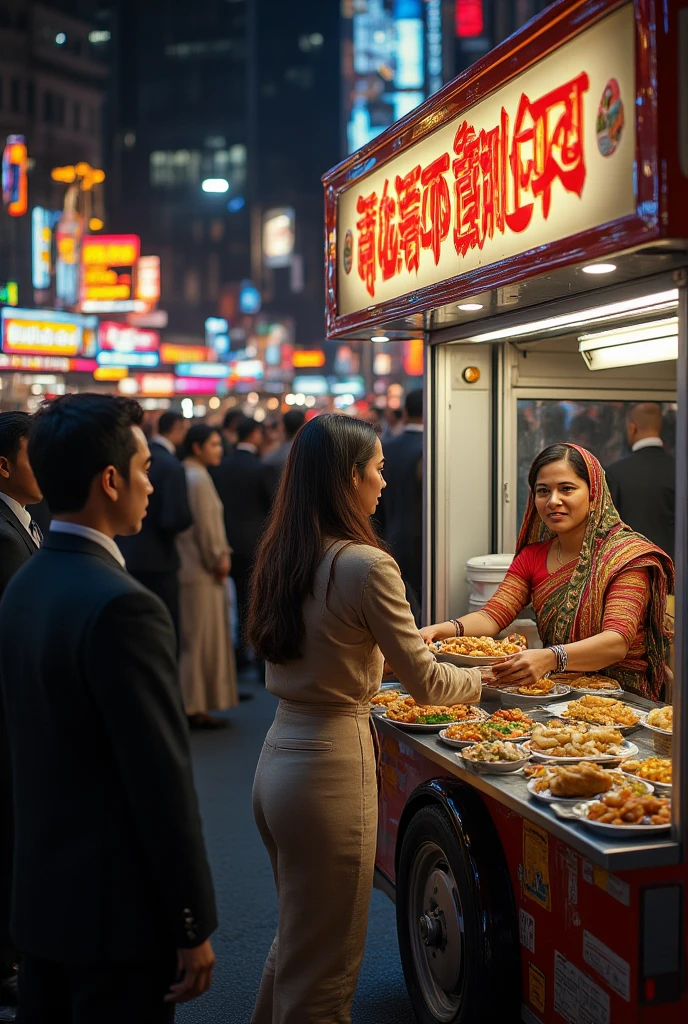 Realistic, a work of art, 8K quality live-action photos, sophisticated design, advanced lighting technology, the theme is "street food stalls", lunchtime in Manhattan's business district, a lunch car converted from a wagon into a stall, lunches from various countries lined up, focusing on a beautiful Indian woman selling naan and curry from the Indian food lunch car, the Indian woman's smile is lovely, the Indian woman has a purple transparent cape wrapped around her hair, men and women in business suits lined up in front of the lunch car on the street, a scene from lunchtime in a business district.