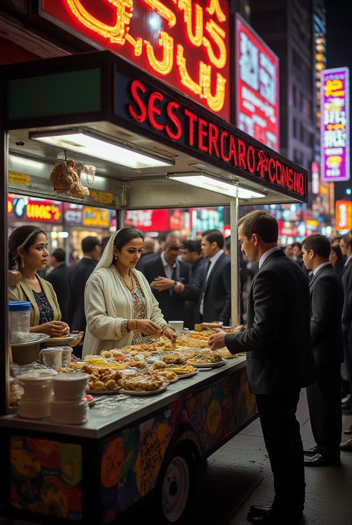 Realistic, a work of art, 8K quality live-action photos, sophisticated design, advanced lighting technology, the theme is "street food stalls", lunchtime in Manhattan's business district, a lunch car converted from a wagon into a stall, lunches from various countries lined up, focusing on a beautiful Indian woman selling naan and curry from the Indian food lunch car, the Indian woman's smile is lovely, the Indian woman has a purple transparent cape wrapped around her hair, men and women in business suits lined up in front of the lunch car on the street, a scene from lunchtime in a business district.