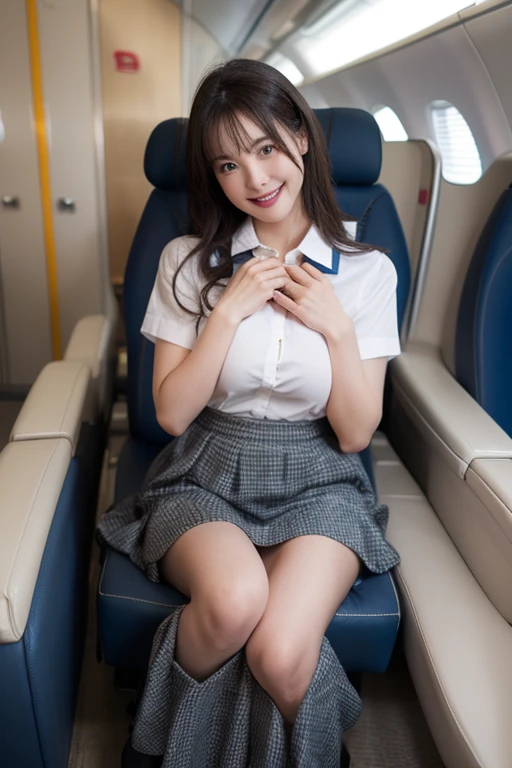 (skirt lift:1.4), show off panties, detailed sheer panties, (professional portrait、professional writing)、highest quality, Detailed workmanship、(high resolution:1.1)、(8K, High resolution:1.2)、(RAW photo, photorealistic:1.3)、slender body shape、high definition face、(Face is in focus、high definition eyes)、(Focused, symmetrical pupils:1.2)、High-definition and beautiful skin、firm skin、natural makeup、gross lip, High-definition hair texture, japanese woman, 18-year-old、cabin attendant, Stewardess break (japan air line uniform) break inside the aircraft、I'm on my knees:1.3afraid:1.2, eyes of contempt、(She is glaring at the camera with her eyes looking up.:1.3), small breast, cleavage, very embarrassed, blush