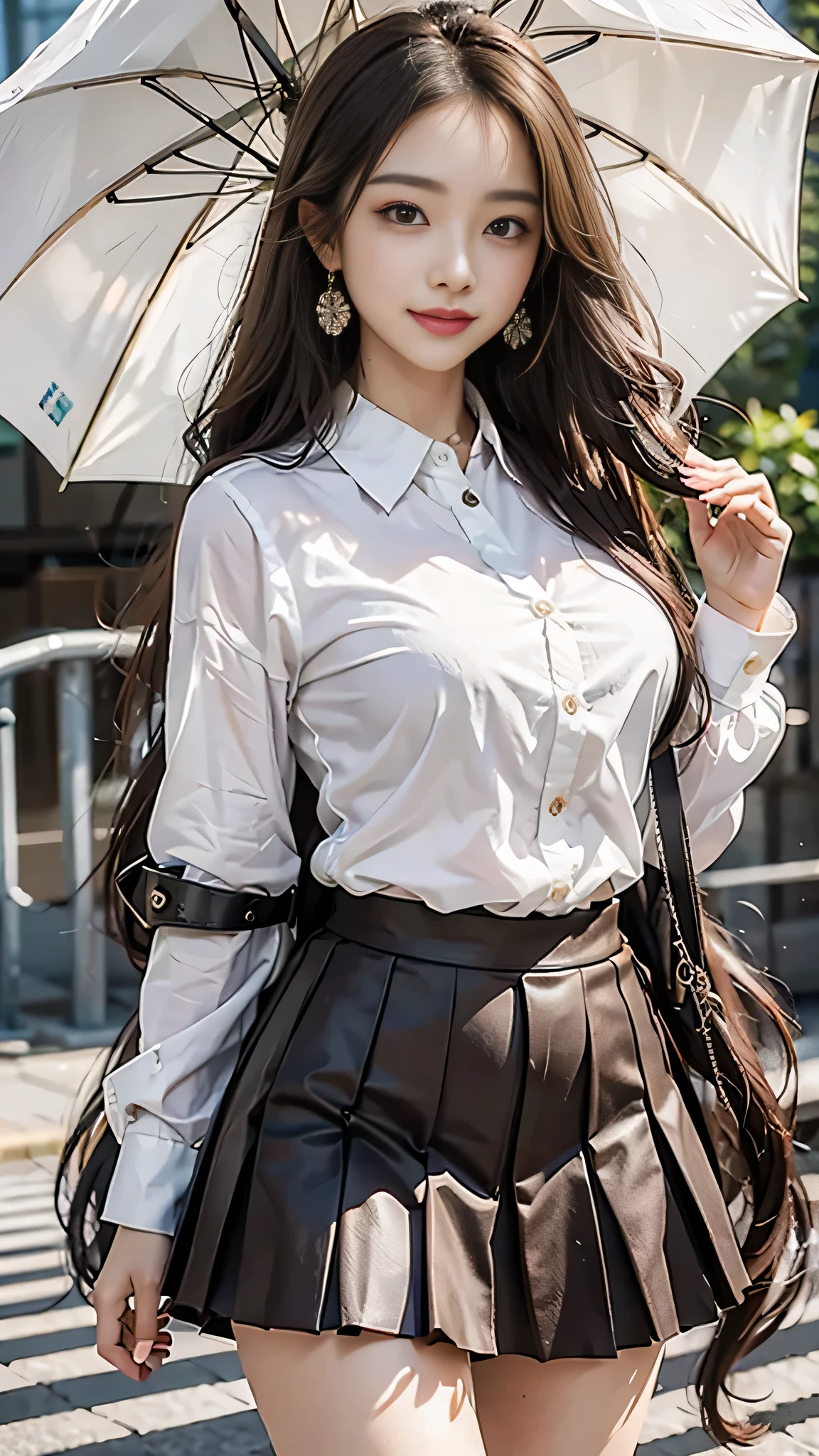 ((Night view.), realistic light, best qualit, Masterpiece:1.3)), 1girle, Beautiful woman with a slim figure: 1.4, (brown hair, Huge breasts: 1.4), Floor, Super detailed face, Detailed eyes, Double eyelidd, Asian woman posing for photo pink dress and white shirt, Japanese school uniform for girls, korean girl, japanese school uniform, Loose jacket collar sailor uniform, sakimichan, Amazing student uniforms, White fashion clothing, ulzzang, wearing japanese school uniform, Stylish white tights set, cute kawaii girl, Korean female fashion model, moaning, Bloom!, 8k --auto --s2