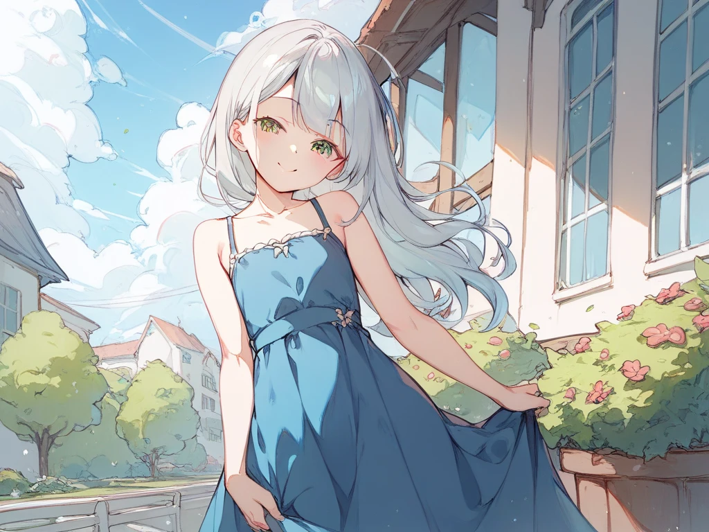 Alone、 an elementary school girl with silver hair 、 semi-long、 flat chest、 blue dress、 green eyes、Height: 130cm、Playing outside 、 smiling with eyes closed