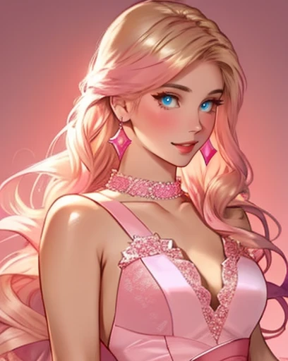 1 girl,star blue eye,blush, perfect lighting , upper body ,3DMM, blond hair , long hair,jewelry,pink gradient background, pink dress ,Earrings, pink dress , realistic ,collar, looking at the spectator ,, pink lips, light smile,motor unreal ,Side lighting, detailed face ,piel brillante