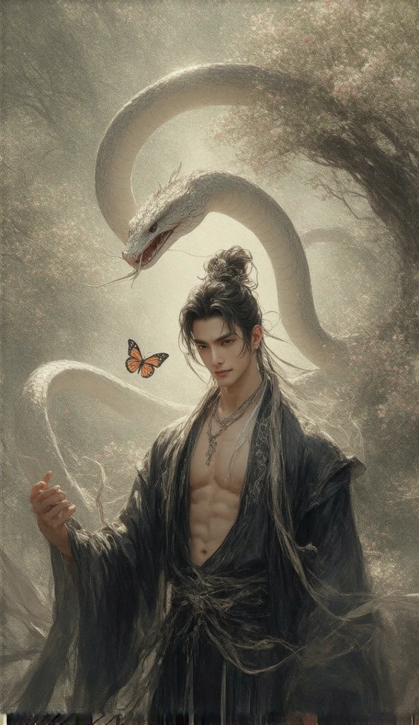 A handsome Asian man with strikingly sharp facial features, large expressive eyes, and a toned, model-like physique. shirtless, revealing defined and sculpted abs that exude strength and elegance. His skin is luminous, with a radiant glow reminiscent of a deity, giving him an ethereal aura.

He is wearing black traditional Chinese attire, with an open-front outer robe that reveals a muscular upper body, The robes are detailed with subtle silver embroidery, adding an air of mystique and sophistication.

The scene is set in a lush garden filled with blooming flowers and vibrant greenery, with a shallow depth of field that creates a dreamy bokeh effect in the background. A majestic big white snake with smooth, shimmering scales coils gracefully around him, symbolizing mystery and power. Orange and white butterflies flutter gently, adding movement and emphasizing the multi-layered depth of the composition.

Soft sunlight filters through the trees, casting a warm glow on his skin and the surrounding blossoms. The overall atmosphere is a blend of sensuality, mystery, and divine presence, captivating the viewer with its enchanting and layered depth