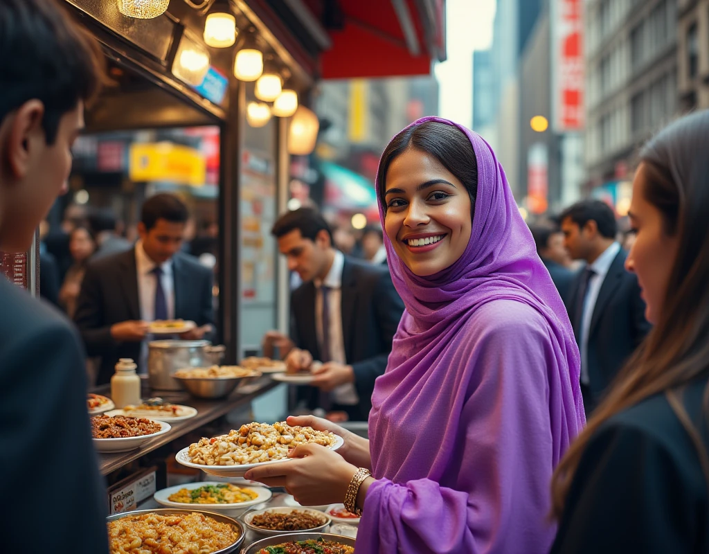 Realistic, a work of art, 8K quality live-action photos, sophisticated design, advanced lighting technology, the theme is "street food stalls", lunchtime in Manhattan's business district, a lunch car converted from a wagon into a stall, lunches from various countries lined up, focusing on a beautiful Indian woman selling naan and curry from the Indian food lunch car, the Indian woman's smile is lovely, the Indian woman has a purple transparent cape wrapped around her hair, men and women in business suits lined up in front of the lunch car on the street, a scene from lunchtime in a business district.