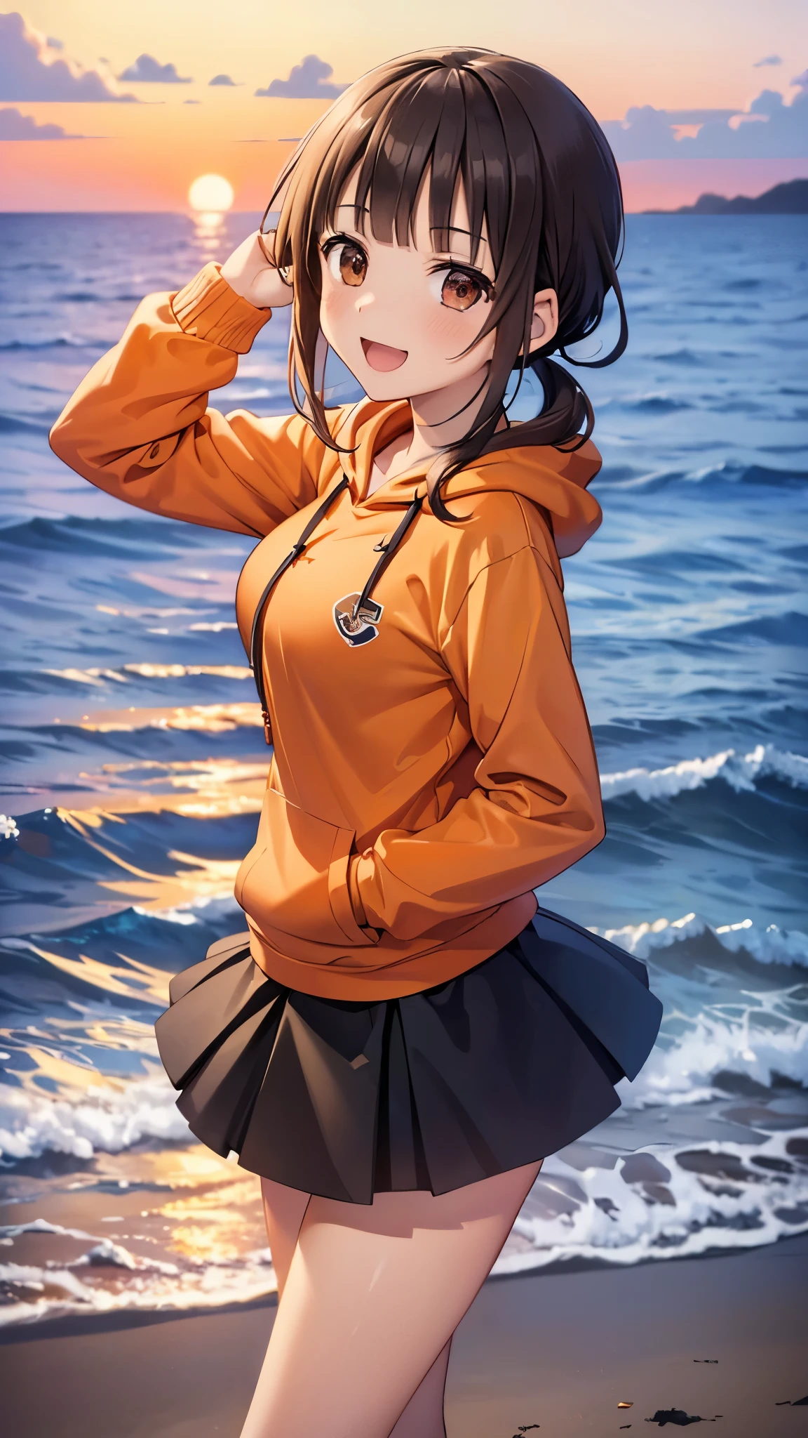 (top quality, greatest masterpiece),okitasawa,low twintale ,(orange hoodie:1.3),white frill in black skirt,black thigh-high socks, brack coat, anatomically correct body , looking at the camera, very detailed facial features, beautiful and perfect face,(:d:1.3),Sunset sky,Evening cold winter seashore,((over head shot:1.3)),sea, sandy beach, looking at the camera, Front Angle,The setting sun,red cheek:1.3,red Scarf