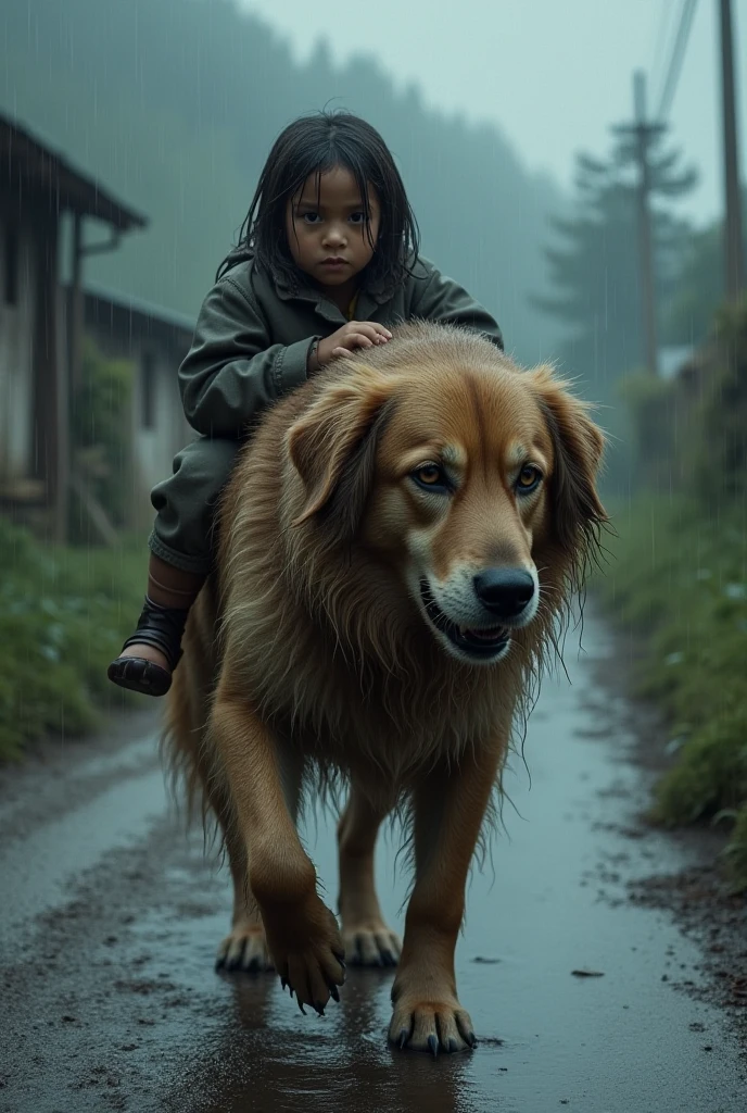 A bony white dog crying, dressed in a pink blouse and blue jeans, walking with a child in the rain