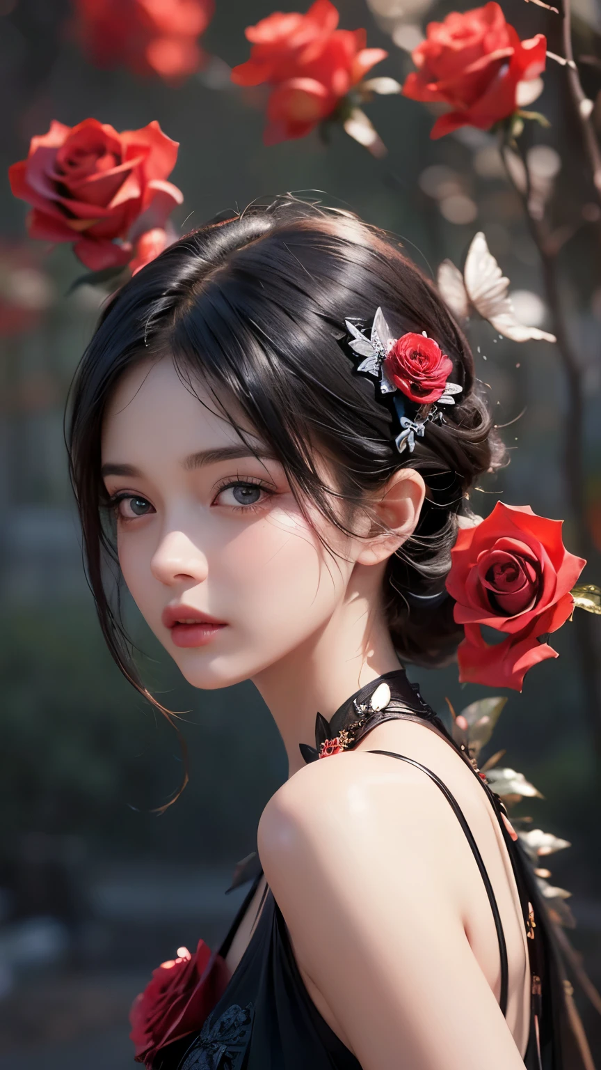 Arafed woman with a flower in her hair and a black dress - SeaArt AI