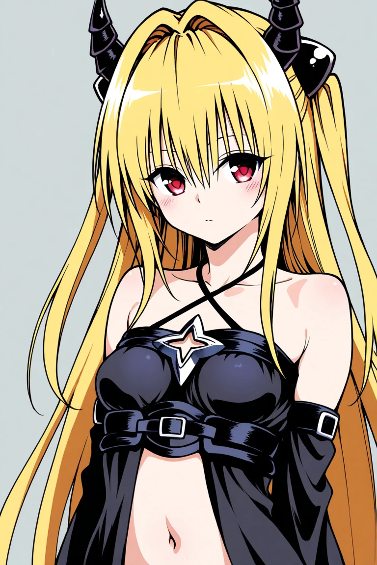 love-ru , konjiki na yami,  1girl,  bare shoulders , black necklace,  blond hair,  style to blush,  breast, necklace,  cross halter , demon girl , demon horns,  with an expressionless face, eyebrows are hidden by hair, Floating hair,  hair between eyes ,  hair consumes ,  halterneck, horns,  long hair, medium  breast, navel,  red eyes,  simple background, sketch, One,  upper body , very  long hair, school background ,  masterpiece fails,  top quality ,  great quality, very aesthetic, aesthetic, absurdres ,  looks at the viewer